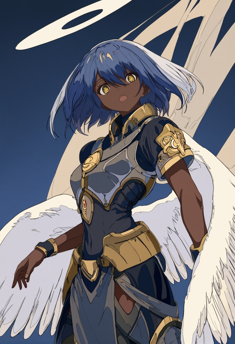 masterpiece, best quality,1girl  , solo, wings, open mouth, yellow eyes, armor, halo, dark-skinned female, dark skin, looking at viewer, feathered wings, angel, blue hair, short hair , <lora:焦茶XLlokr8f-000188:0.95>