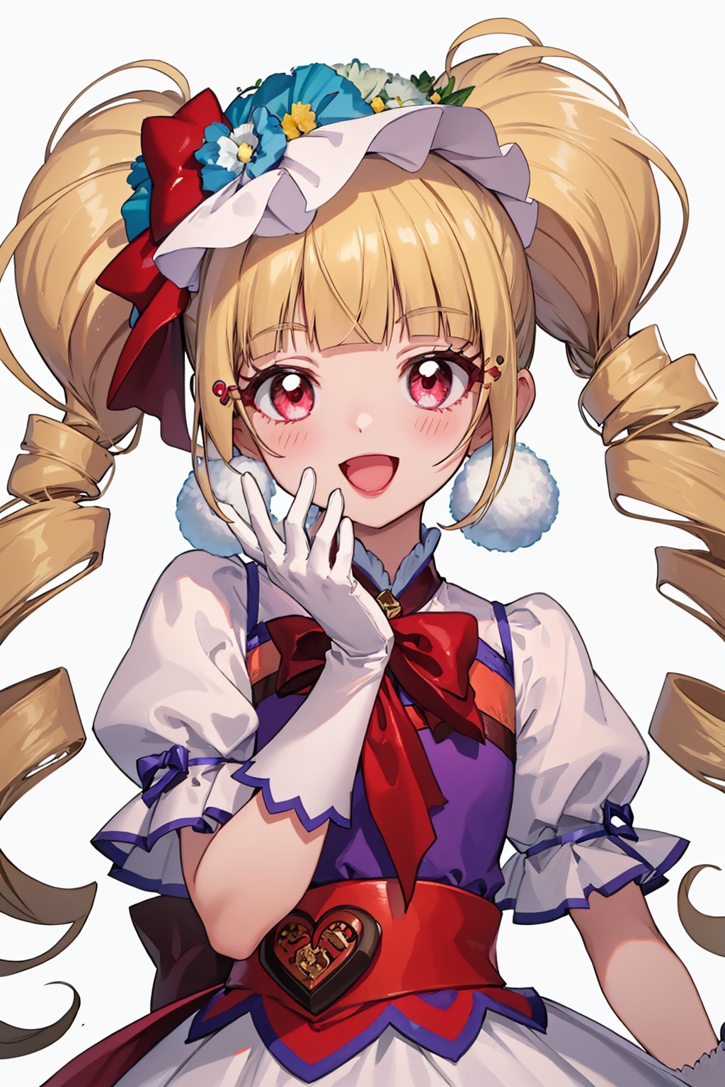 masterpiece,best quality, highly detailed, aisaki emiru,1girl,solo,looking at viewer,white gloves,puffy short sleeves,smile,open mouth,blush,d,dress,upper body,white thighhighs,white background,<lora:aisaki_emiru:1>