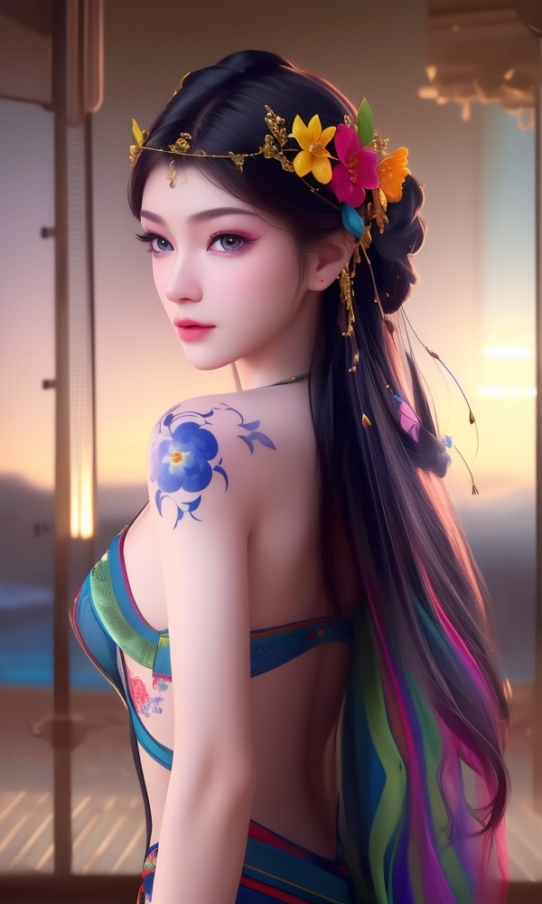 (,1girl, ,best quality, ),looking at viewer, <lora:408-DA-凡人修仙传-卓如婷:0.8> ,,ultra detailed background,ultra detailed background,ultra realistic 8k cg,, ,masterpiece, (( , )),ultra realistic 8k cgSurrounded by strange, movie perspective, advertising style, Colorful background, splash of color A beautiful woman with delicate facial features,tattoo all over body, flower arms, from below, 