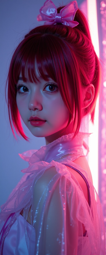 fujibayashi sheena,tales of symphonia,ninja,everyone,ofuda,short ponytail,pink bow,brown eyes,red hair,,(((photo raw)), global illumination and Soft Edge Lighting Matte Painting , ,),from side,Alternate Reality, Stylish Fashion, Creative Art, Unique Aesthetic,Alternative Style,reflective light,glowing,energy, reflection ,wearing see-through ice wash, ,