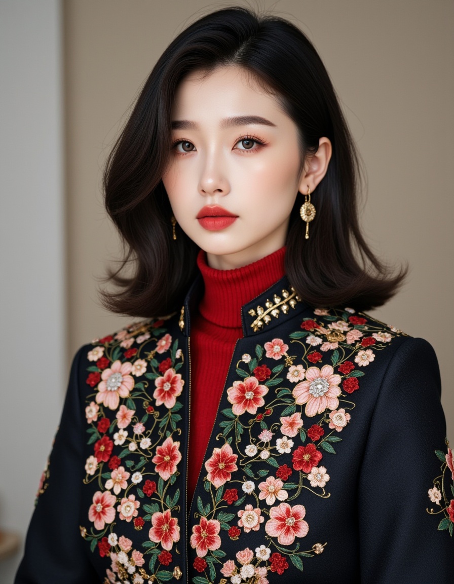 a real picture of a south korea woman,Embellished Jacket\(A jacket with intricate embellishments,offering a luxurious and sophisticated look\),