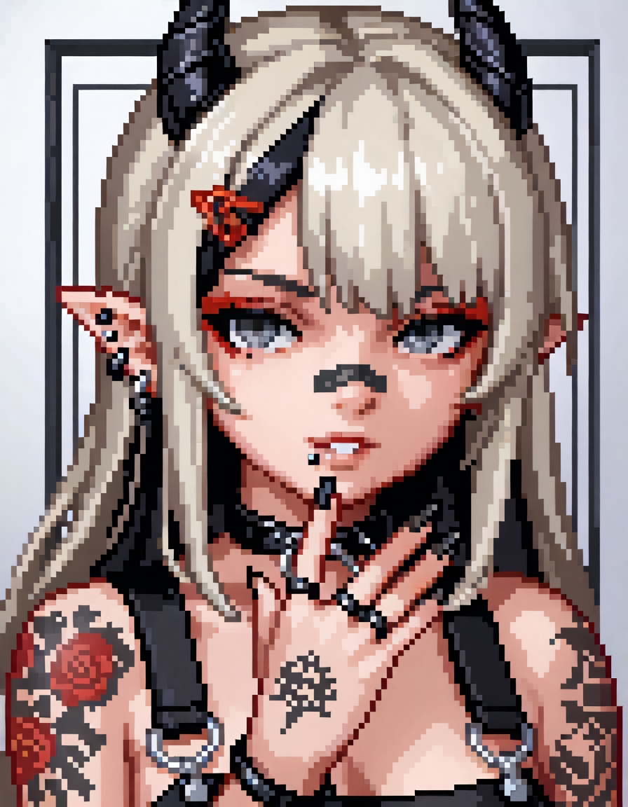 1girl,(detailed eyes),(pretty face),(detailed face),photo-realistic,realistic skin,realistic textures,detailed skin,photorealistic,ultrarealistic,8k,A digital illustration shoot from a portrait camera angle about a stylized portrait of a woman with a unique and edgy aesthetic,featuring intricate tattoos and japanese characters on her face and body. the image also shows a woman in the middle of the image,who appears to be a  *****,with a serious expression,looking directly at the viewer. she has long,straight,platinum blonde hair with black horns on her head and is wearing a black and white outfit with red accents. her hair is styled in a way that frames her face,and her eyes are a striking red color. her body is covered in intricate tattoos,including a bandaid on her nose,a barcode,and a pair of earrings. she is also adorned with multiple bracelets and a choker,adding to her edgy and rebellious look. the background is a plain white,with jpeg artifacts scattered throughout,and the overall style is reminiscent of anime or manga art,with bold red and black accents and intricate designs. 1girl,horns,solo,bandaid,bandaid on face,piercing,jewelry,bandaid on nose,tattoo,ear piercing,multicolored hair,black nails,earrings,looking at viewer,pointy ears,fingernails,black hair,rating:general,long hair,ring,grey eyes,parted lips,two-tone hair,multiple rings,lip piercing,portrait,arm tattoo,collar,white hair,long fingernails,hand tattoo,hair ornament,barcode,jacket,makeup,