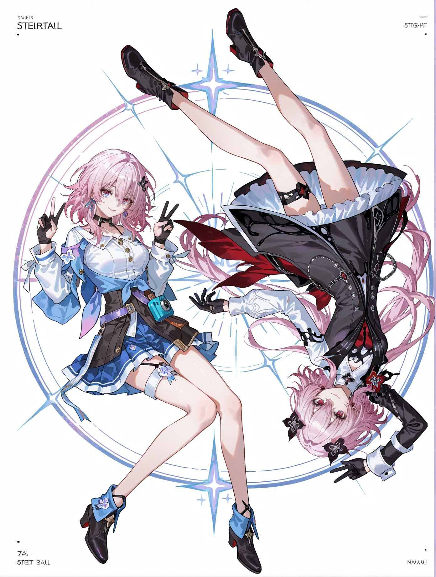 8k,best quality,masterpiece,(ultra-detailed),(high detailed skin),artist:john kafka,(artist:wanke:0.9),artist:fuzichoco,artist:quasarcake,(artist:nixeu:0.8),simple_black_background,black and white theme,Sense of coordination,sense of order,mathematics beauty,(((cover design))),(((((cover art))))),((trim)),album_art,official art,(Master's work),2girls,multiple girls,smile,full body,closed mouth,long hair,white background,looking at viewer,v,dual persona,upside-down,<lora:sanqiall-ill-Tanger-000014:0.8>,(2girls:1.2) BREAKMarch7 \(def\),clothes: def blue-and-white outfit,def blue skirt,def white shirt,def blue jacket,1girl,black gloves,multicolored eyes,black footwear,pink hair,bangs,long sleeves,blue eyes,camera BREAKMarch7,March7 \(Evernight\),clothes: Evernight black-and-white suit,Evernight black dress,Evernight hair ornament,Evernight black thigh strap,asymmetrical long sleeves,(white sleeve:1.1),1girl,red eyes,black gloves,long hair,bangs,black footwear,asymmetrical clothes BREAK