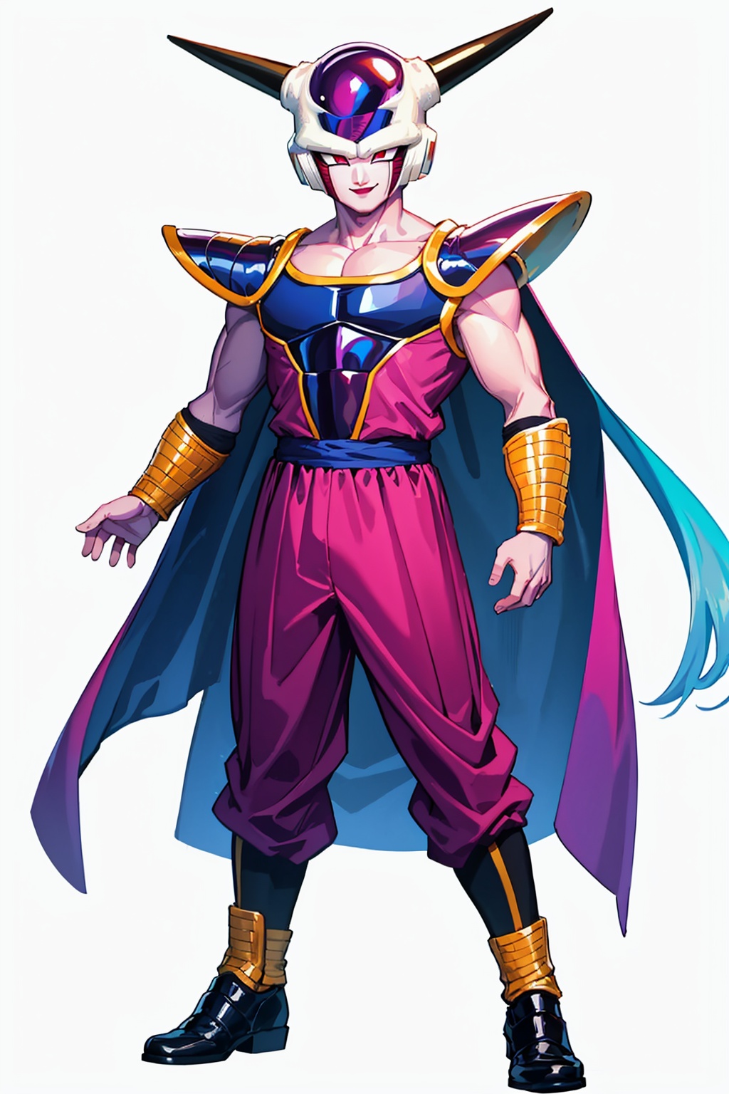 masterpiece,best quality, highly detailed, 1boy,frieza,male focus,full body,solo,simple background,white background,looking at viewer,smile,standing,horns,armor,saiyan armor,<lora:frieza:1>