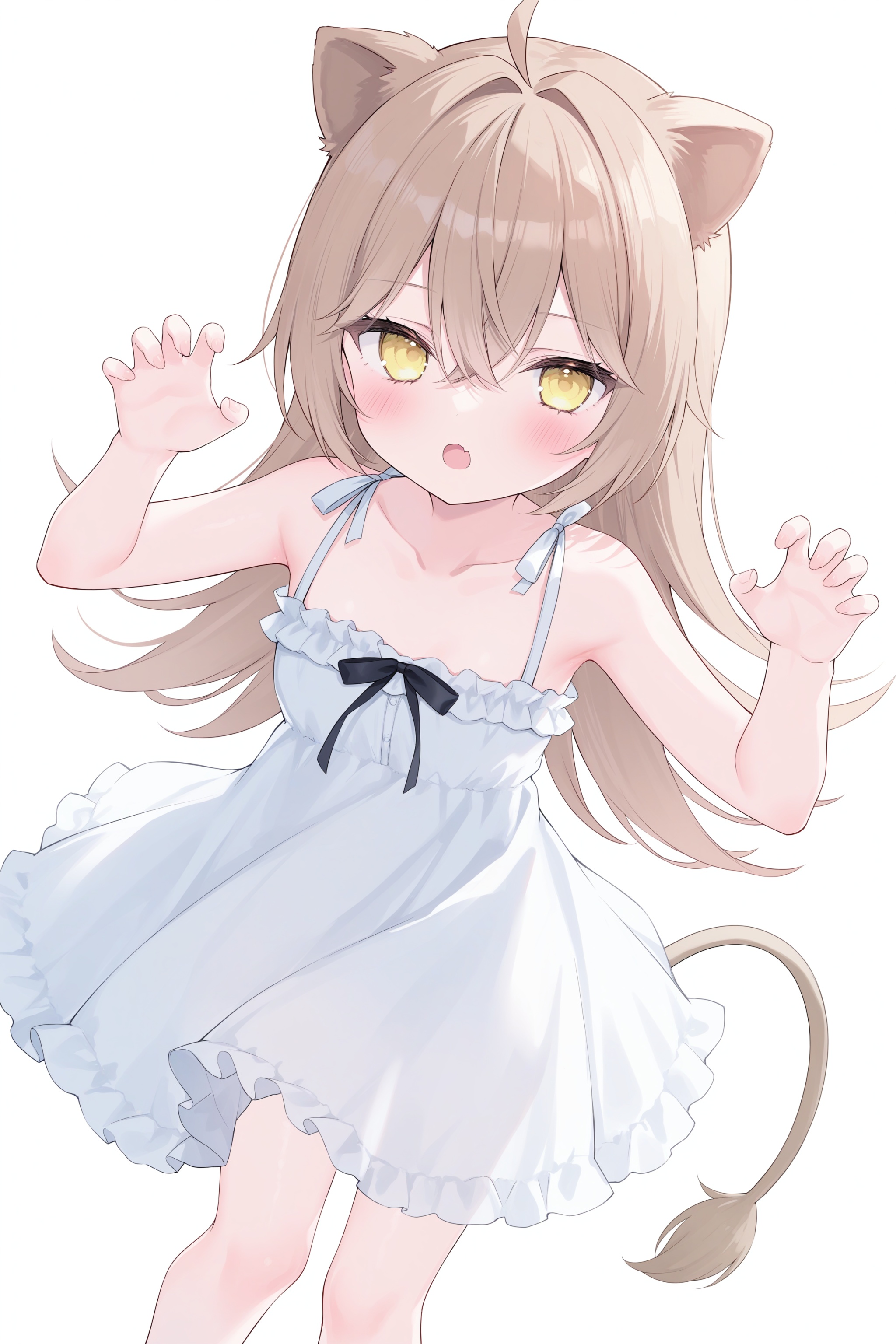quality,amazing quality,very aesthetic,absurdres,1girl,loli,rurudo lion,lion tail,lion ears,solo,dress,long hair,tail,animal ears,virtual youtuber,white dress,lion girl,yellow eyes,barefoot,ahoge,claw pose,looking at viewer,white background,sleeveless dress,simple background,bangs,bare legs,brown hair,sleeveless,bare arms,standing,sundress,bare shoulders,hair between eyes,frilled dress,open mouth,collarbone,blush,frills,crossed bangs,very long hair,hands up,small breasts,breasts,
