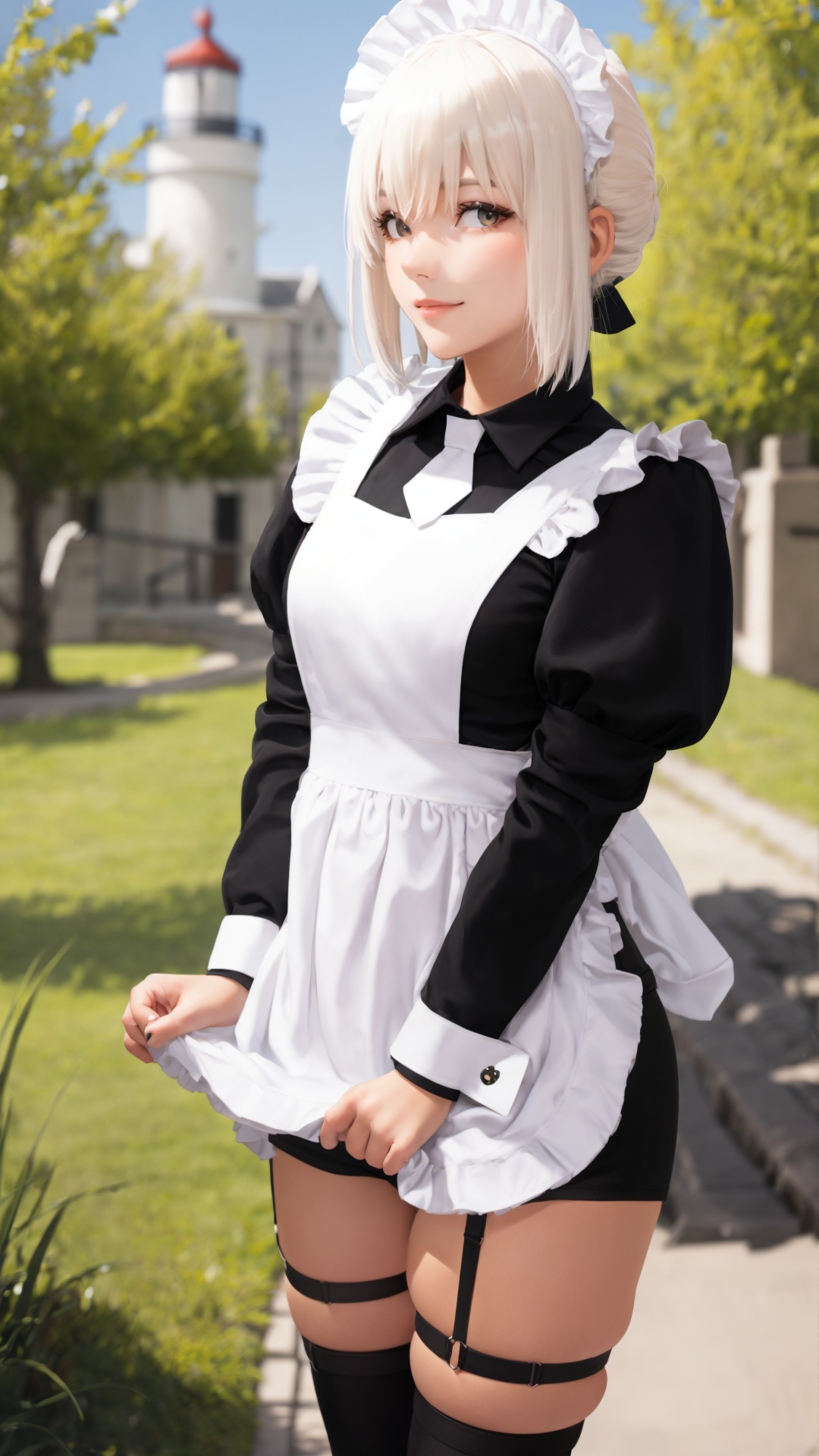 tutututu,apron,long sleeves,maid,maid apron,puffy sleeves,maid headdress,black shorts,black thighhighs,thigh strap,garter straps,<lora:tutututu_20240129122144-000005:0.85>,(masterpiece, best quality),1girl,collarbone,short hair,looking at viewer,blurry foreground,necklace,contemporary,platinum blonde hair,nature,animal,light smile,dappled sunlight,happy,lighthouse,closed mouth,looking up,
