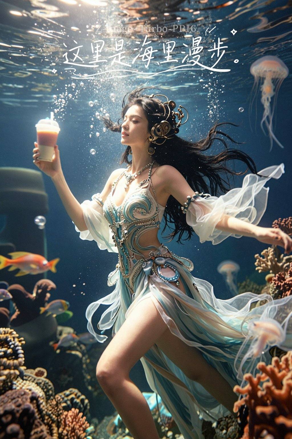 极度清晰的电影级质感,girl,黑发,裙子,水,鱼,水下,辫子,珠宝,泡泡,珊瑚,独奏,水母,这张照片生动而详细地描绘了一个梦幻般的水下场景,中心人物是一位留着黑色长发的女性,她穿着一套流畅,飘逸的服装,融合了传统和未来服装的元素,她的服装主要是白色和浅蓝色,有着复杂的设计和图案,类似于水和海洋生物,她戴着一个具有机械或蒸汽朋克美学的头饰,上面有齿轮和金属元素,这个女人被一个充满活力的水下环境包围着,她位于图像的中心,双臂伸展,营造出一种运动和优雅的感觉,水在她周围流动,气泡和溪流增加了水下的气氛,还有各种海洋元素,如珊瑚礁,鱼类和其他水生生物,为场景增添了深度和丰富性,背景充满了蓝色阴影,代表海洋,还有阳光透过水面的痕迹,创造出美丽的光影相互作用,画面的整体氛围宁静而神奇,捕捉到了水下幻想世界的精髓,明暗交替对比,冲击力十足的画面,精细,背景质感,超高清,高品质,高质量,画面清晰,先进光线捕捉技术,专业后期处理优化,真实细腻的皮肤质感,大师级影视级图像标准,真实渲染,真实光影,自由发挥,写实风格,梦核风格,超写实风格,电影质感,光影艺术,摄影质感,高细节,高清晰,大笔触,有涂抹感和肌理感,色彩冷暖对比,强透视,非传统构图,高品质,超高清,笔触清晰,高饱和度,光影对比,最佳品质,流动感,繁复,画面光影明暗对比,高级感,如梦似幻,治愈,唯美,神秘,深邃,清冷,高雅,华丽,光影交错,光影斑斓,线条流畅,发丝细腻,柔焦,高质量,大师级光影,大俯视图,极端低角度腿部仰视视角,有故事感,线条纤细逼真,细节刻画细腻,肌肤纹理和毛孔清晰可见,3D渲染,精细,柔光,嘴上有高光,皮肤高光,意识流,画面发光,背景质感,先进光线捕捉技术,专业后期处理优化,超越游戏引擎的渲染精度,真实细腻的皮肤质感,大师级影视级图像标准,真实渲染,真实光影,情感捕捉,动态感,张力,纯欲,性感,大远景,艺术氛围感强,有灵魂,有意境,有情感,大师杰作,模糊不清,虚焦,朦胧美学,时尚,抽象,多重,王家卫电影感,港片滤镜效果,1个中国美女模特穿性感礼服连衣裙站在夜晚的上海南京路,右手拿一杯奶茶,动态模糊,边沿模糊,多重曝光,多重失焦,超广角,强透视,景深,动态美学,夸张构图,超现实,细节生动完美,杰作,上方有手写的纤细风格“这里是海里漫步”中文字,加以符号流畅装饰,以上面描述生成一张电影级照片,极致通透美学,强视觉冲击力,压迫力,故事感,高分辨率还原细腻肌理,柔焦光影勾勒皮肤通透感,胶片颗粒叠加暖调光晕,线条流畅利落,兼具写实质感与艺术朦胧美,冷调高对比强化视觉张力,金属光泽般锐化细节,微颗粒质感增添高级感,光影层次分明,凸显画面精致冷冽的艺术氛围,超高清刻画发丝与皮肤纹理,低饱和色调搭配柔光晕染,轻微过曝提亮主体,构图简洁大气,传递细腻温润的艺术质感,背景顶部写着半透明色“Z-Image-Turbo-FP16”