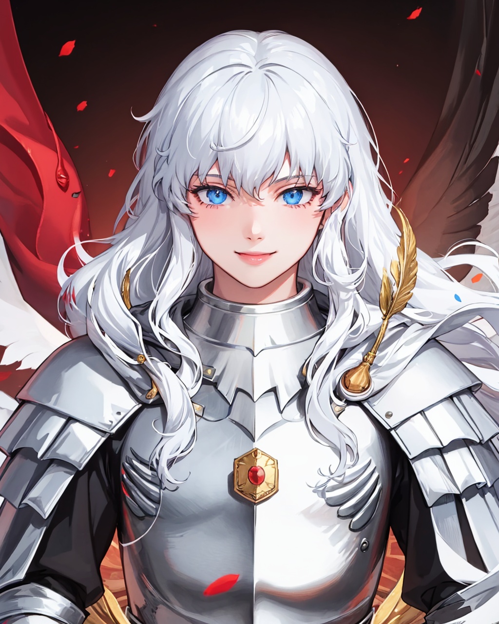 masterpiece,best quality, highly detailed, griffith (berserk),solo, 1boy, male focus, smile, pauldrons, breastplate, upper body,<lora:griffith_(berserk):1>