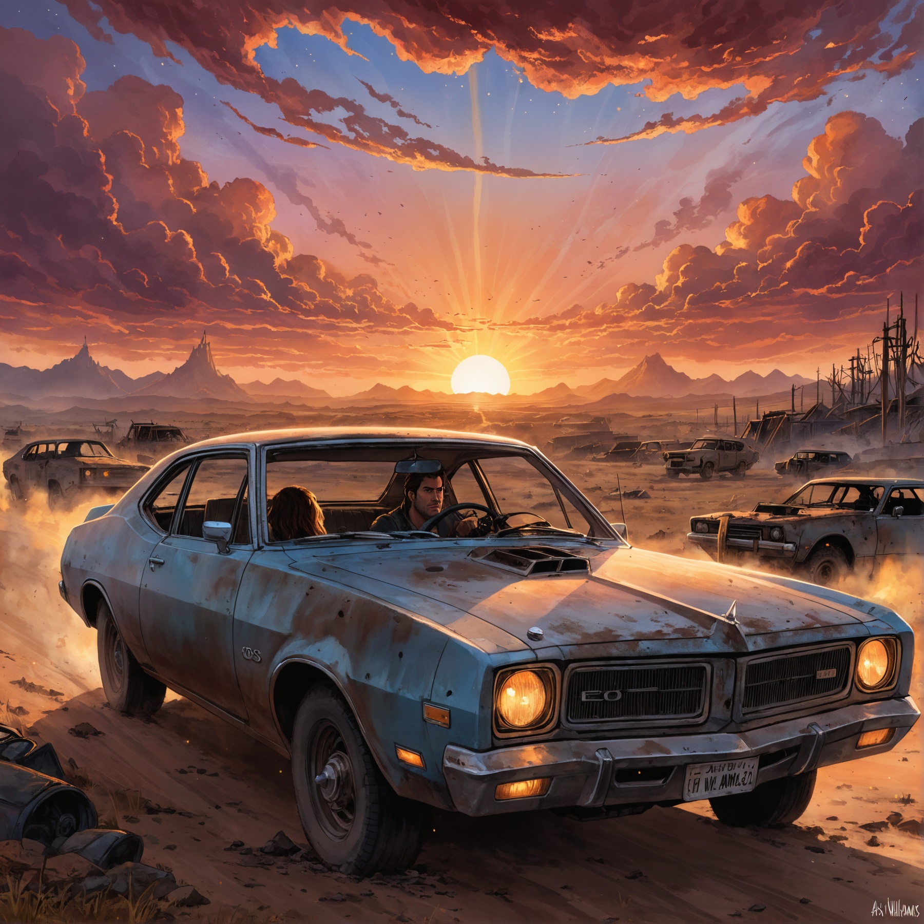 ethereal fantasy concept art of comic post-apocalyptic sunset at the end of the world of the new dawn,  burned out car (,...