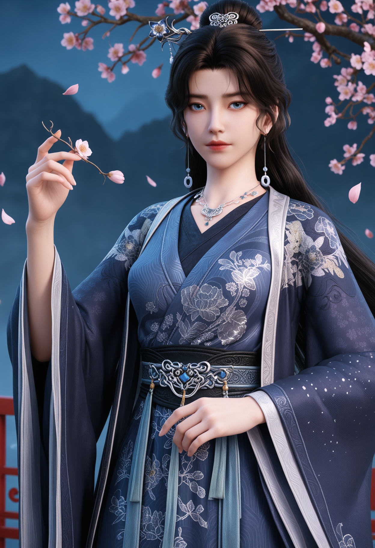 (upper_body:1.2),(looking at viewer:1.1),masterpiece,(best quality),smog,Dark room,dim lighting,peach blossom,falling petals,<lora:YQ_Illustrious光辉v5_宋馀_长春宫长老_V1:0.8>,q1528437228,1girl,solo,long hair,black hair,jewelry,necklace,earrings,hair ornament,chinese clothes,hair bun,hair stick,long sleeves,hanfu,blue eyes,wide sleeves,sash,dress,single hair bun,brown hair,blue dress,