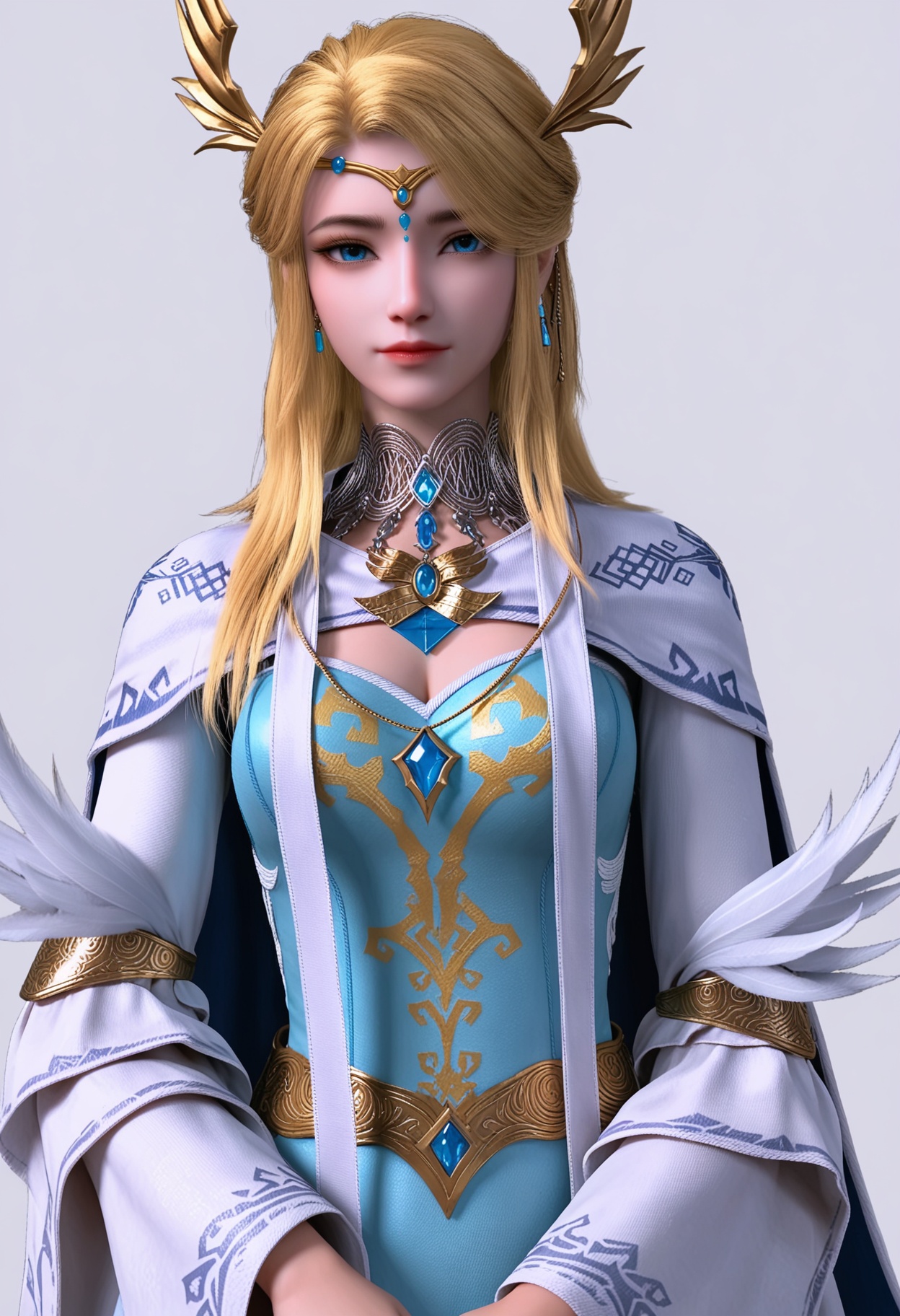 score_9,high detail,best quality,shiny skin,shiny,weiluonika,1girl,solo,blue eyes,blonde hair,long hair,white background,jewelry,dress,hair ornament,closed mouth,simple background,cape,realistic,circlet,breasts,earrings,blue dress,feathers,cleavage cutout,cleavage,long sleeves,looking at viewer,thighs,<lora:QQSponyweiluonikaV1:0.8>,<lora:Pony_DetailV2.0:0.8>,<lora:皮肤凹痕:0.1>,