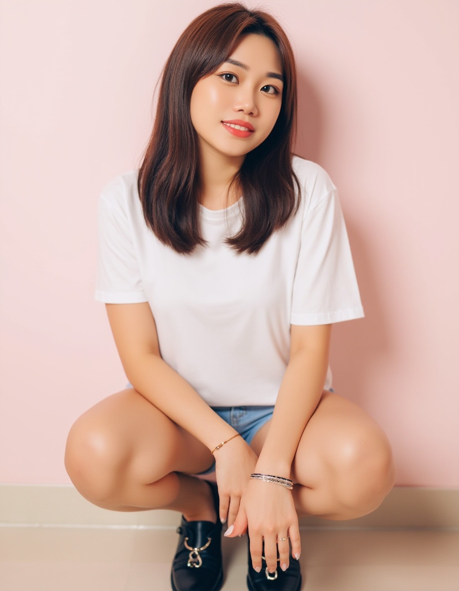 a medium-sized Asian woman with long dark brown hair,wearing a white t-shirt and a pair of light blue shorts. She is squatting on the floor with her legs crossed,her hands resting on her knees. She has a smile on her face,and her hair cascades over her shoulders. The woman is wearing a bracelet on her left wrist,and a bracelet in her right hand. She's wearing a pair pair of black leather shoes with a silver chain on the bottom of the shoes. The background is a light pink wall,and the woman's shadow is visible on the left side of the image.,