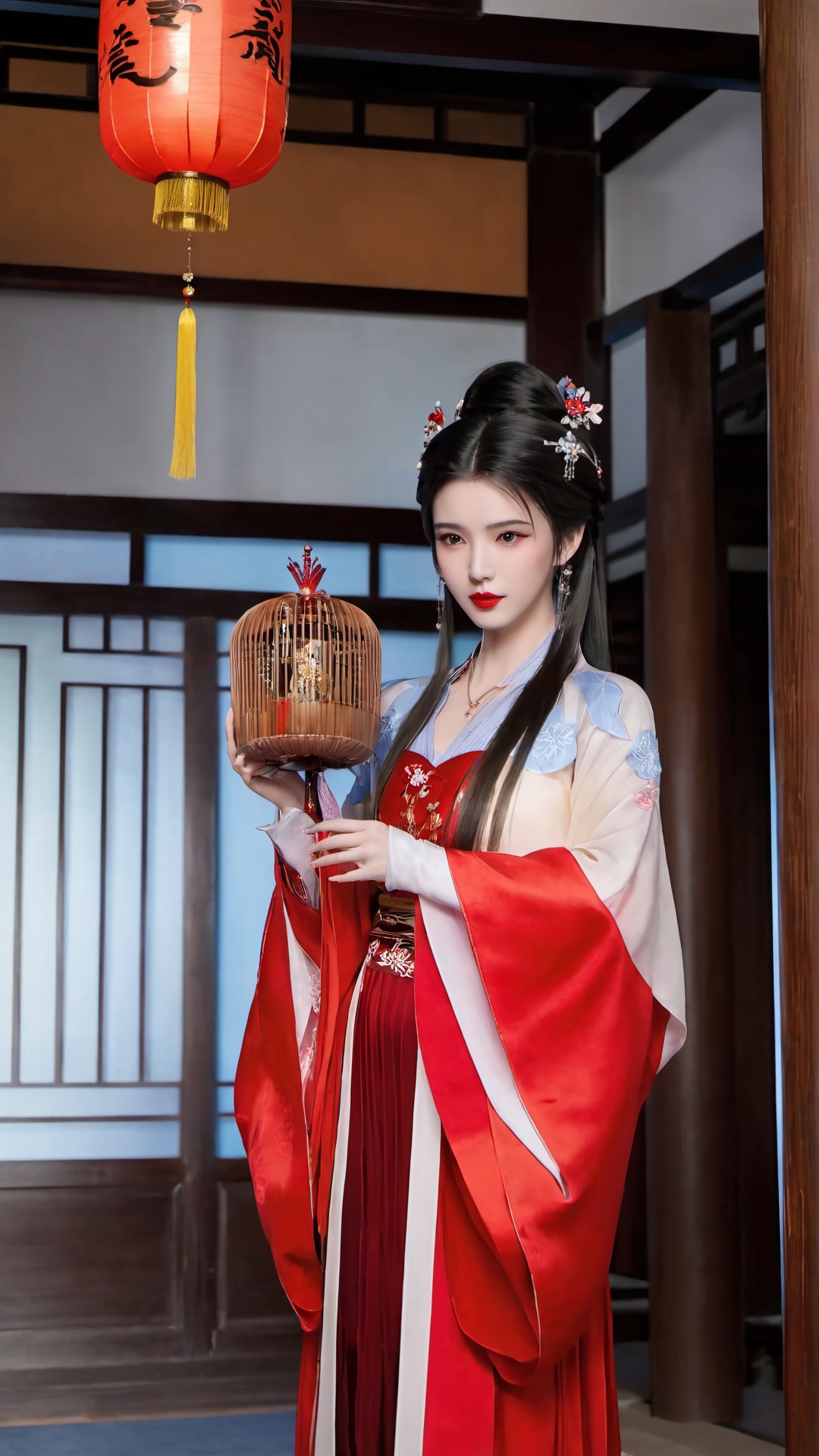 1girl,solo,holding,hanfu,jewelry,long hair,hand fan,chinese clothes,necklace,long sleeves,hair ornament,holding fan,basket,brown hair,standing,black hair,wide sleeves,red lips,<lora:仙逆-王林-马良-李慕婉合一:0.73>,traditional_chinese_room,incredibly absurdres,photo_(medium),