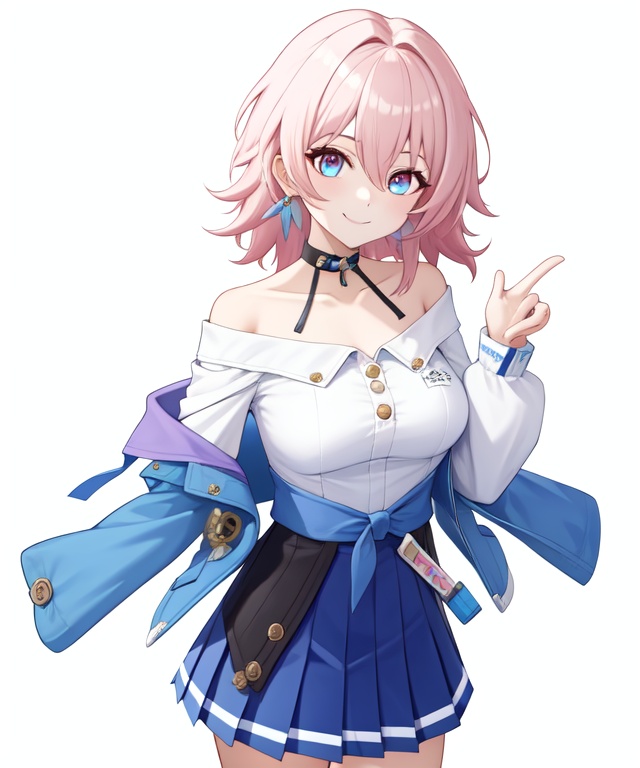 <lora:三月七v410:1:lbw=char>,march7th,1girl,solo,white shirt,long sleeves,blue jacket,blue skirt,black choker,earrings,pleated skirt,bare shoulders,smile,<lora:三月七v2:0:lbw=char>,, (masterpiece,best quality:1.2),absurdres, high quality,