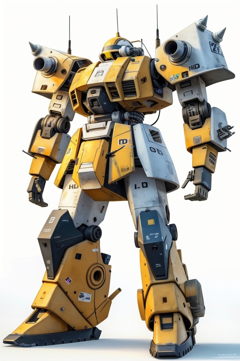 ((HRD, HUD, 8K)),((masterpiece, best quality)), highly detailed, soft light,Mecha, robot, mecha, cable, science fiction, solo, no humans, radio antenna, white background, standing, spikes, redesign, zeon, weapon, wire,  <lora:20240427-1714184585124:0.8>