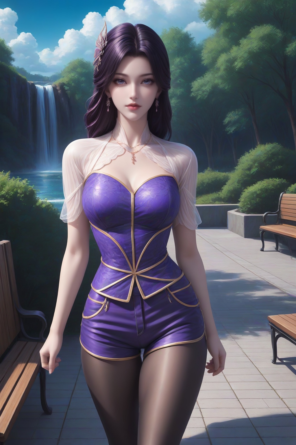 <lora:yunxi_v3-000016:0.5>,earrings,necklace,yunxi,1girl,solo,hair ornament,lips,lipstick,closed mouth,red lips,shiny hair,shiny,looking at viewer,dynamic pose,standing,walking,leaning back,arm support,(outdoors,day,waterfall,sky,cloud,park,park bench,lamppost,),masterpiece,highres,absurdres,best quality,8K,high-res detailed,dress,purple dress,shorts,shorts_under_skirt,(puffy_shorts:1.2),looking at viewer,dynamic pose,shadow,outdoors,wall,sky,blue sky,cloud,<lora:DetailedEyes_V3:0.5>,<lora:sh-glossy_r2:0.5>,black_pantyhose,<lora:LegLength&Muscular_400steps:1.5>,(cowboy shot:1.2),