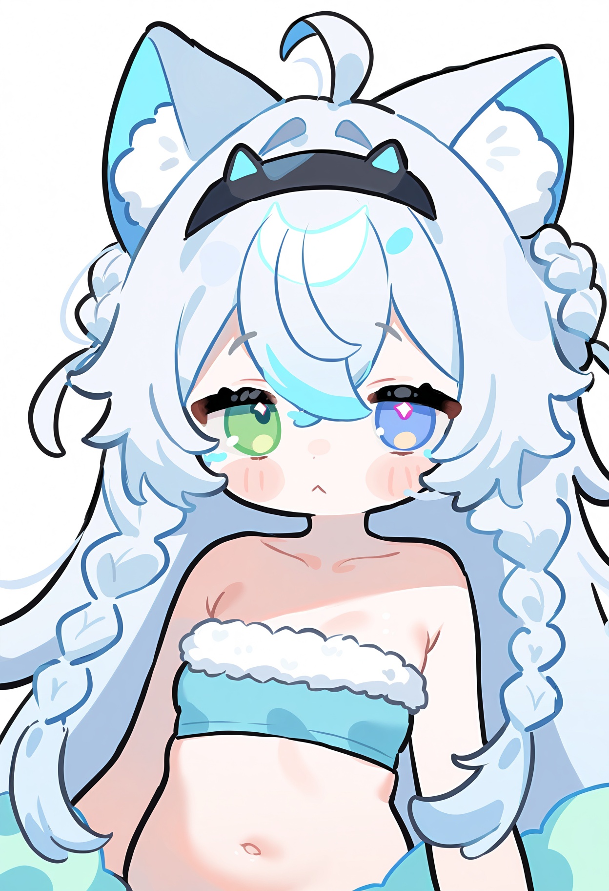 1girl,heterochromia,animal ears,solo,green eyes,breasts,hairband,long hair,blue eyes,ahoge,navel,small breasts,black hairband,braid,grey hair,:<,animal ear fluff,bandeau,upper body,looking at viewer,cat ears,closed mouth,white background,hair between eyes,strapless,bare shoulders,fur trim,simple background,blue hair,<lora:Lovely_Illustrious_v0.1-000020:0.6>,