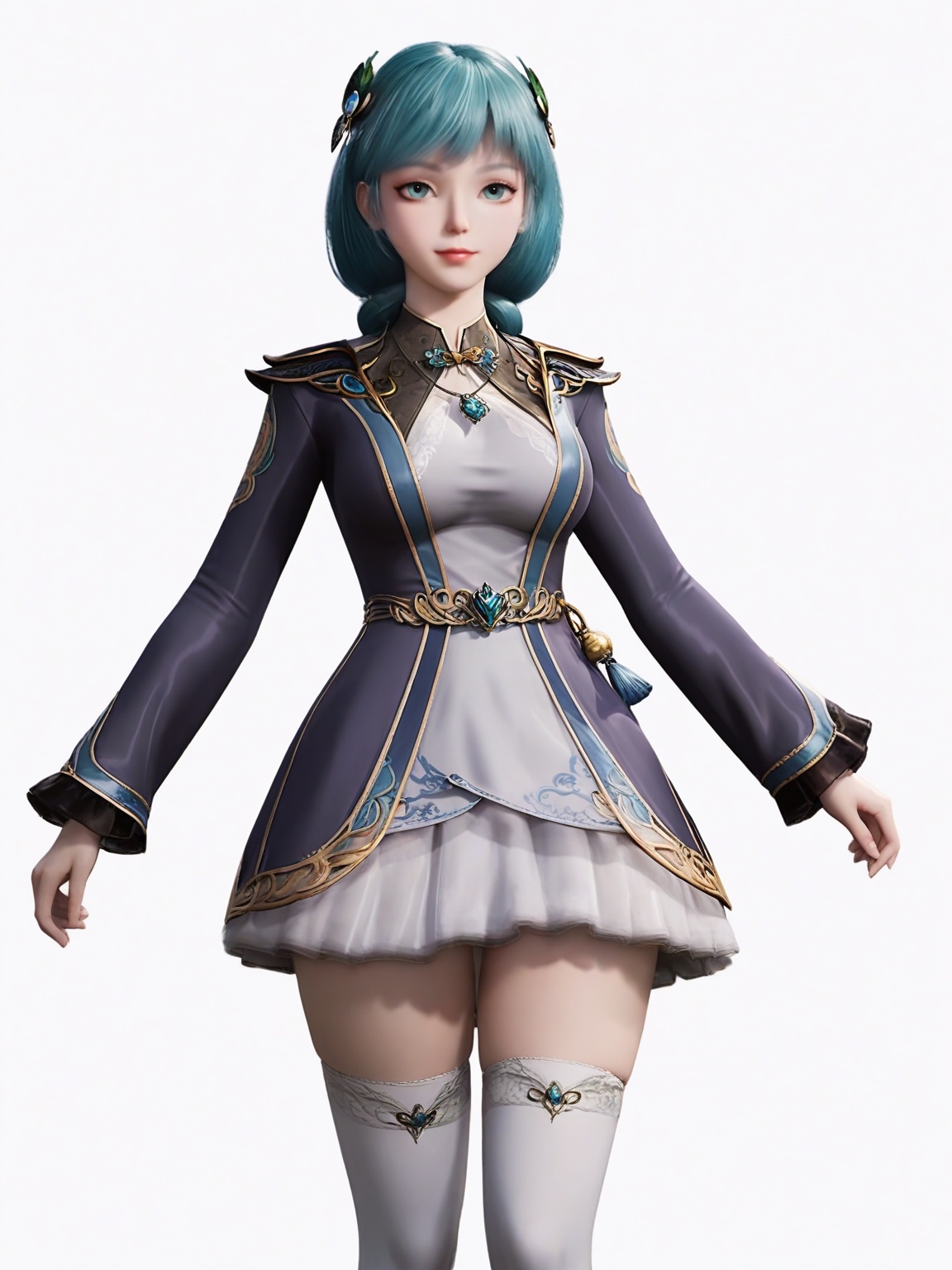 score_9,<lora:SF_XiaoXiao_Pony_Realism2.3-000004:0.7>,1girl,breasts,large breasts,standing,hair ornament,solo, dress,jewelry,skirt, thighhighs,cowboy shot,looking at viewer,white background,simple background,