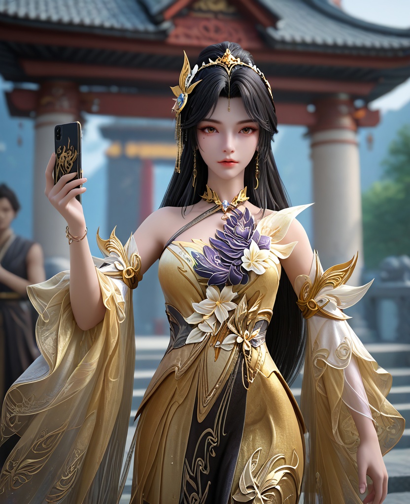 (oriental architecture, elegant decor, sophisticated style:1.1),having a phone call,(breasts:1.2),<lora:XL16完美世界王曦:0.95>,miss wangxi,yellow high-slit mermaid gown,brown eyes,mole under right eye,black hair,traditional chinese updo with long cascading hair,hair ornament,jewelry,wide flowing sleeves,, zPDXL2, score_9, score_8_up, score_7_up BREAK realistic, masterpiece,best quality, highly detailed,, zPDXL3, zPDXL2,zPDXL, zPDXLxxx, zPDXLrl,