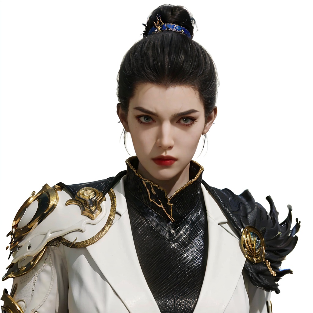1girl,solo,big eyes,forehead,red lips,serious,angry,black hair,(single hair bun),hair ornament,(armor:1.2),(looking at viewer),(stare),(white background),3d,game cg,(Cinematic Lighting),(skin gloss),(perfect skin),Highly detailed,(ultra-detailed),hatching \(texture\),(8k,best quality,huge filesize,masterpiece:1.5),<lora:斗罗大陆2-仙琳儿:0.65>,<lora:细节调整2.0:0>,