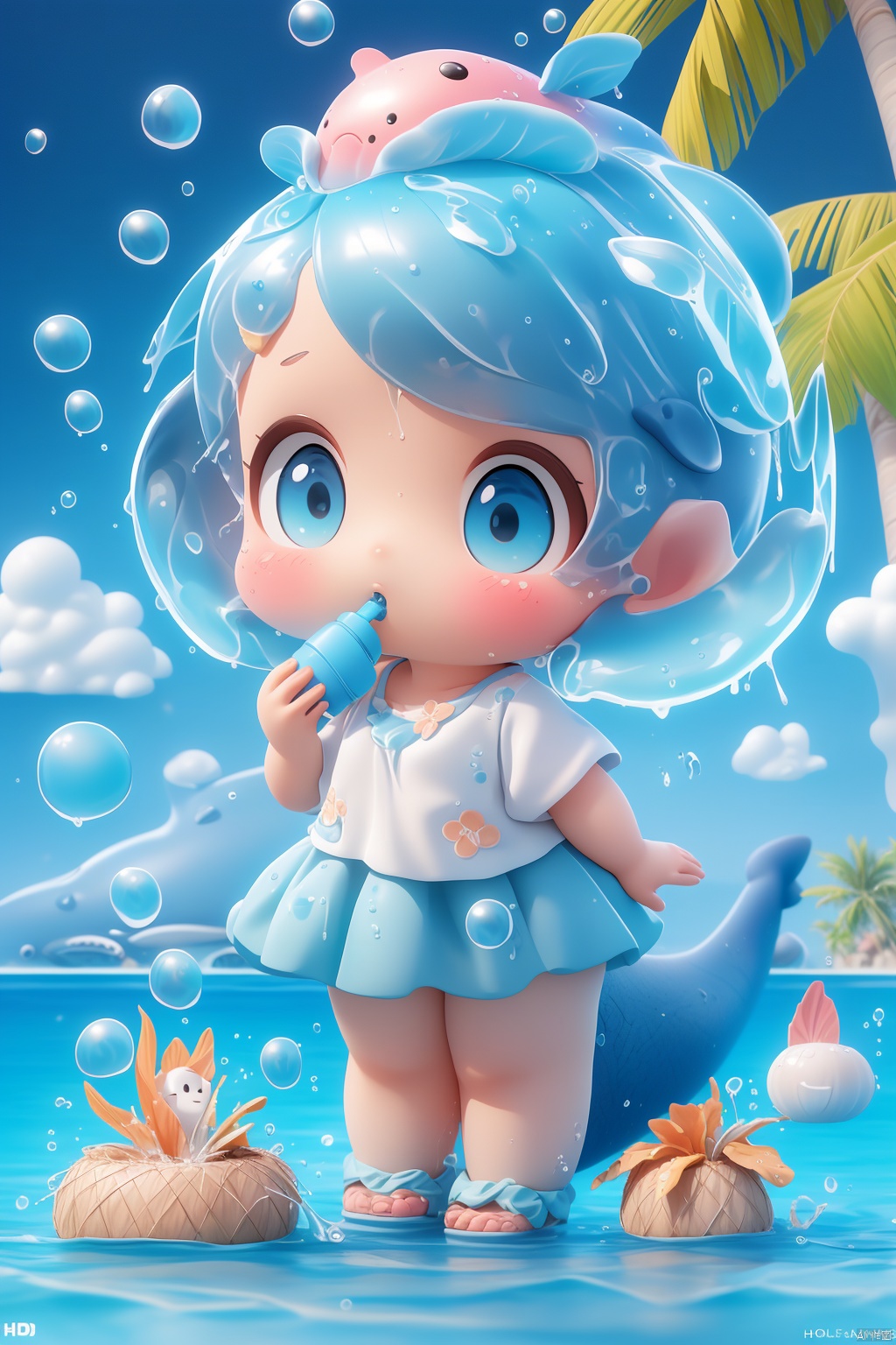 (masterpiece), (best quality), Exquisite visuals, high-definition, (ultra detailed), finely detail, Kawai, loveliness, standing, ((full body)), a slightly shy loli with short blue hair,anthropomorphic whale,a center cut, (child:1.2),whale clothing,blue skirt,(((spray water on the head, there is a water column on the head))),there are many colorful bubbles around,melting clothes, clothes made of water,whale tail,The environment is next to the beach, with coconut trees and many seashells on the beach,, ty-hd<lora:EMS-262746-EMS:0.500000>