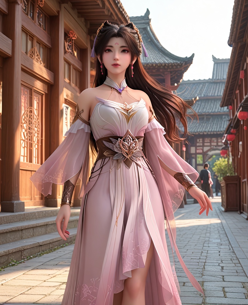 (oriental architecture, elegant decor, sophisticated style:1.1),(Walking along a path, holding a map, showing a sense of adventure and exploration,:1.1),(breasts:1.2),<lora:XL神墓梦可儿:0.95>,miss mengkeer,pink white dress,brown eyes,black hair,long hair,hair ornament,sash,bracer,detached sleeves,earrings,jewelry,, score_9,score_8_up,score_7_up,score_6_up,score_5_up,score_4_up,3d rendering,tag1,tag2, Cinematic Lighting,backlighting,