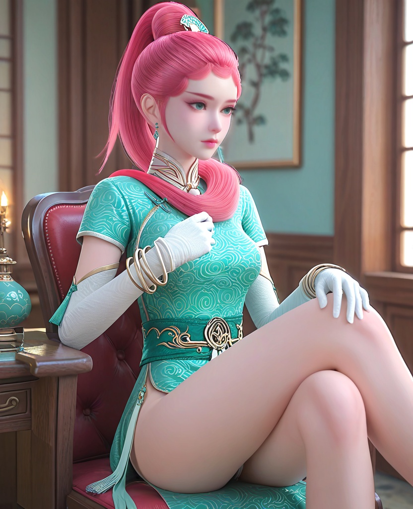 (oriental architecture, elegant decor, sophisticated style:1.1),(Sitting on a chair with legs crossed, resting chin on hand,:1.1),(breasts:1.2),<lora:XL妖神记龙羽音:0.95>,miss longyuyin,green chinese clothes,jewelry,pink hair,ponytail,white gloves,elbow gloves,sash,makeup,green eyes,tassel,bracelet,right side slit,eyelashes,, score_9,score_8_up,score_7_up,score_6_up,score_5_up,score_4_up,3d rendering,tag1,tag2, Cinematic Lighting,backlighting,