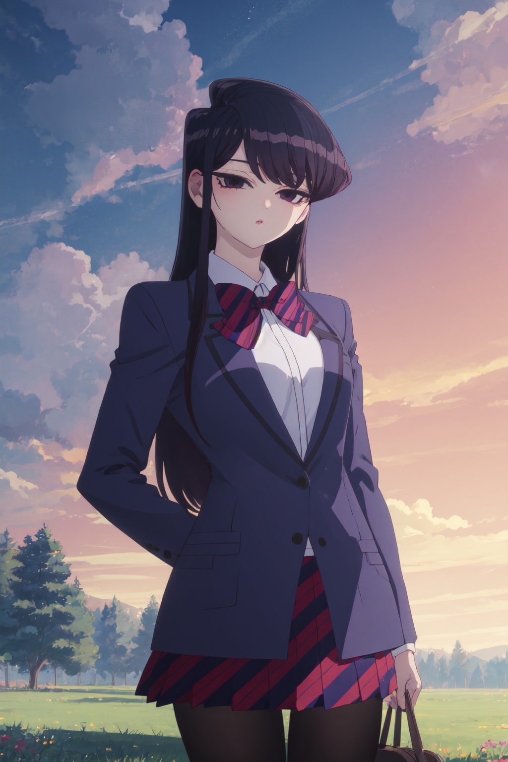 <lora:Shouko-000010:1>,Shouko CYQL,1girl,solo,looking at viewer,long hair,black hair,black eyes,school uniform,long sleeves,jacket,blue jacket,shirt,collared shirt,white shirt,bowtie,striped bowtie,skirt,red skirt,pleated skirt,striped skirt,pantyhose,black pantyhose,shoes,uwabaki,smile,portrait,Lakeside meadow, Picnic, Noontime sun, Nature scenery, Enjoyment, Relaxation,(Bluebells, Beech trees, Misty dawn, Carpet of flowers, Early morning light, Birdsong:0.5),beautiful detailed sky,beautiful detailed glow,posing in front of a colorful and dynamic background,masterpiece,best quality,beautiful and aesthetic,contrapposto,female focus,wallpaper,