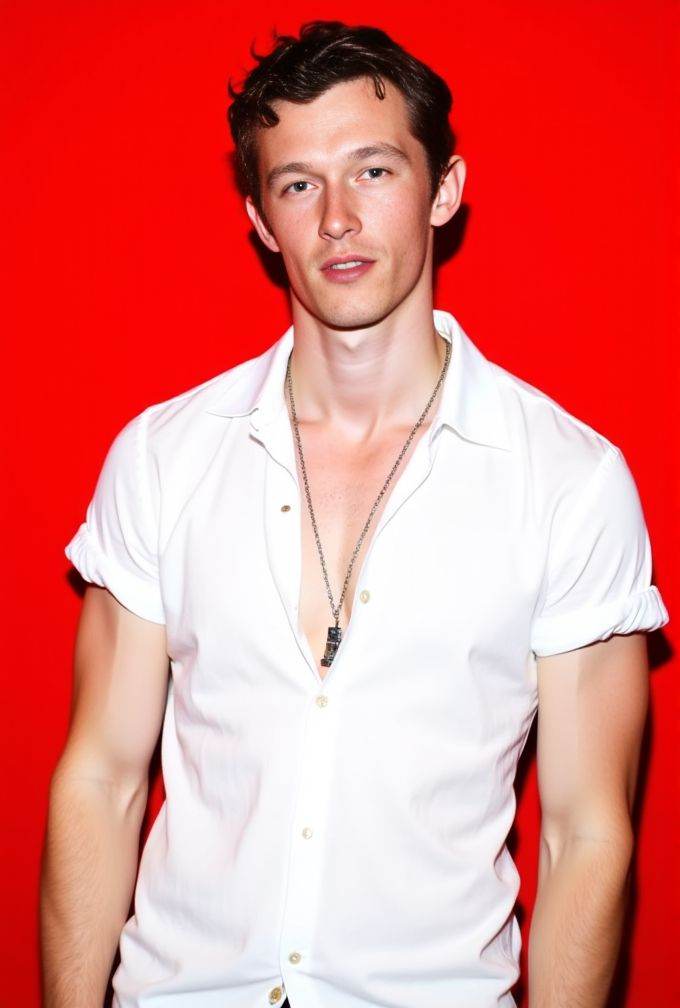Callum Turner ,  The image is a high-resolution photograph. standing against a solid red background. wavy hair styled to t...