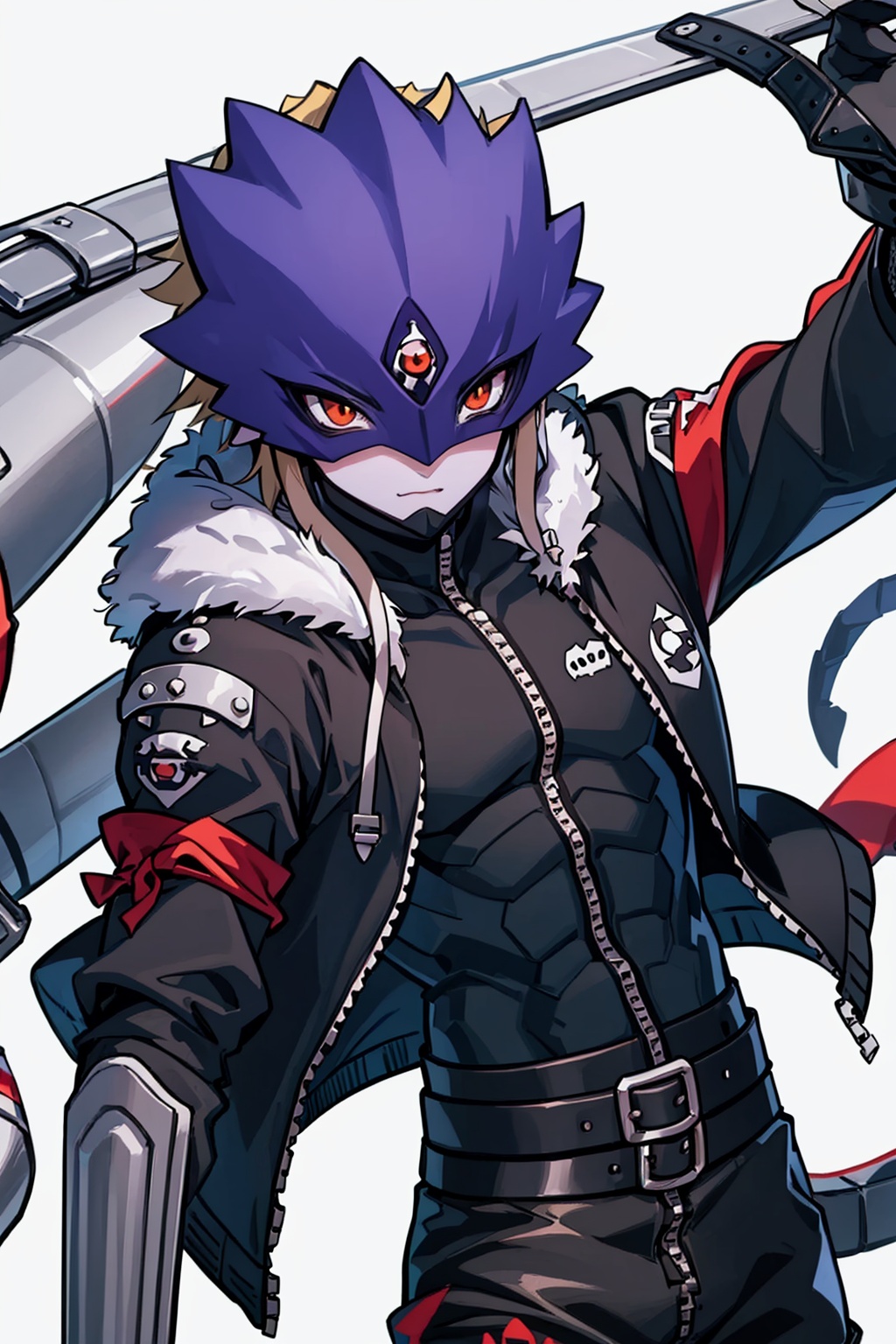 masterpiece,best quality, highly detailed, beelzebumon,digimon \(creature\),mask,1boy,solo,male focus,belt,black jacket,simple background,zipper,fur-trimmed jacket,looking at viewer,<lora:beelzebumon:1>