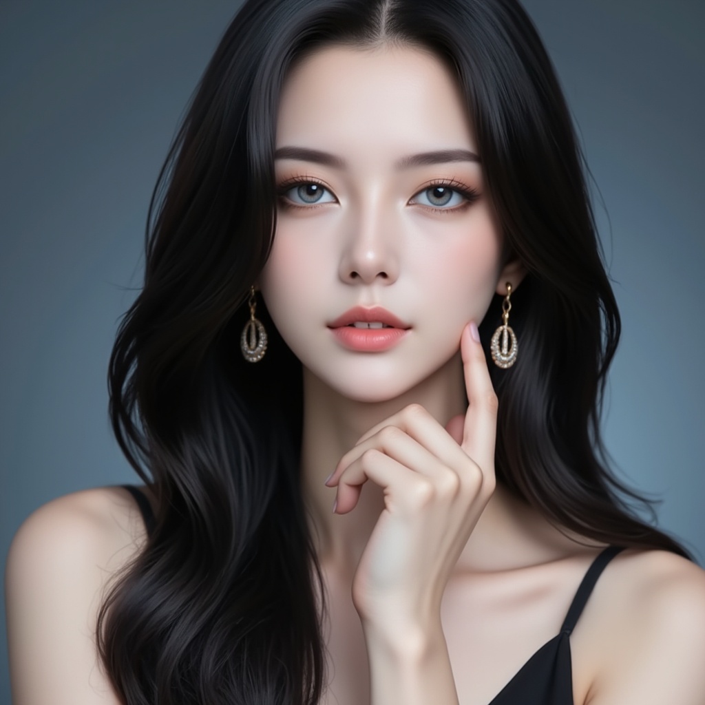 <lora:手指优化5:1>,shou,1girl,black hair,long hair,blue eyes,fair_skin,jewelry,earrings,upper_body,hand up,cover,gradient background,close-up details,outstanding style,adding a touch of dimension to your images without compromising details,close-up,<lora:DJ滤镜_2.5D版:0.3>,lvjing,<lora:油画唯美滤镜15:0.2>,baoshi,<lora:模特24·6:1>,mote,