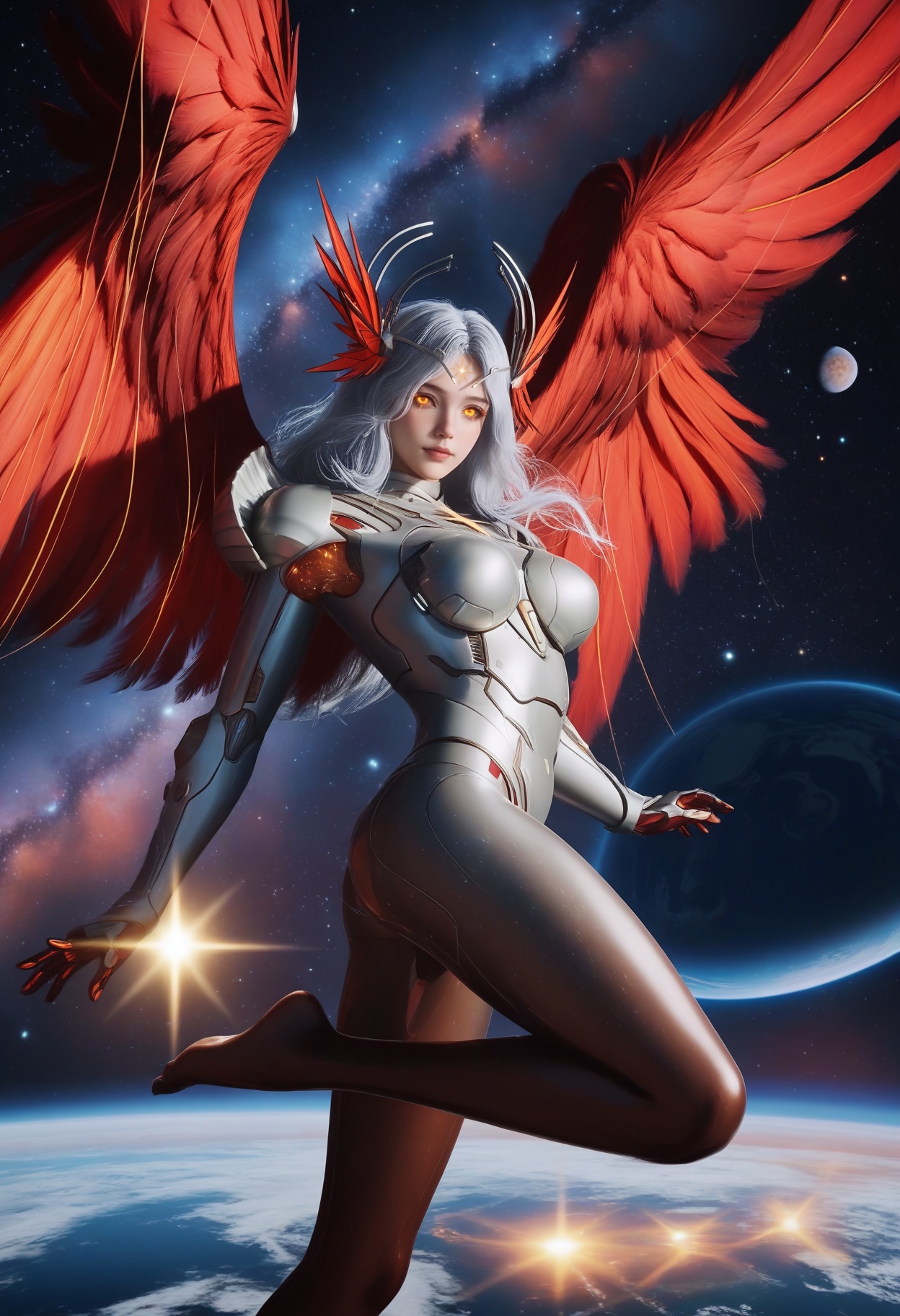 masterpiece,best quality,amazing quality,very aesthetic,high resolution,ultra-detailed,absurdres,scenery,photorealistic,(looking at viewer:1.1),(space:1.2),(universe:1.3),(starry_sky:1.1),(milky way:1.2),(nebula:1.4),starlight,(planets:1.2),rays,(large breasts:0.8),xinghuanwang,1girl,solo,long hair,lips,grey hair,yellow eyes,armor,hair ornament,forehead mark,bodysuit,glowing eyes,shoulder armor,circlet,freckles,headgear,orange eyes,head wings,horns,breastplate,pauldrons,colored sclera,wings,red wings,feathered wings,feet BREAK photorealistic details,<lora:QQSillxinghuanwangV1:0.8>,