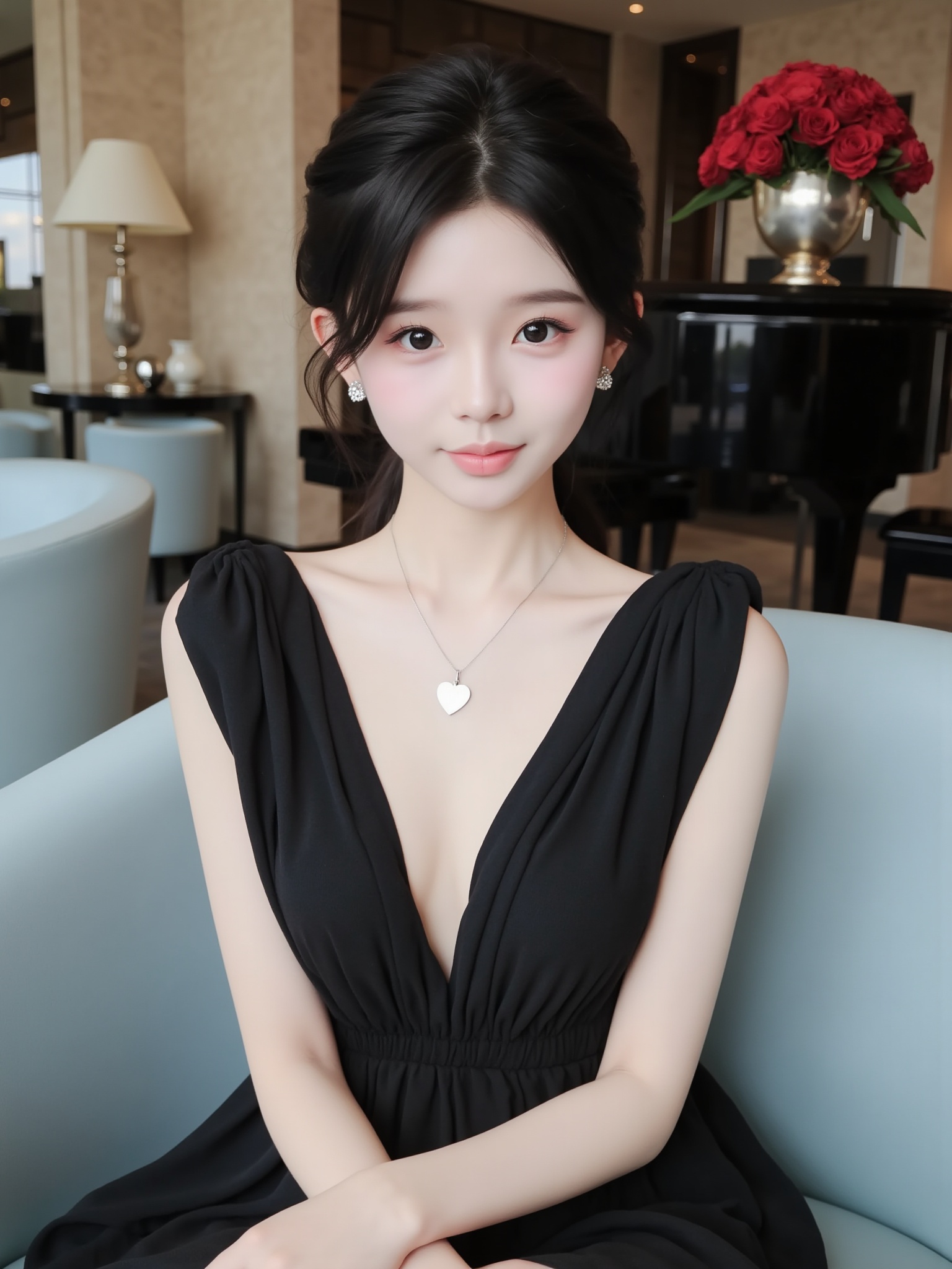 The photograph depicts a young Asian woman seated in a luxurious, modern dining area. She has fair skin and a petite physique with a slender build. Her black hair is styled in an elegant updo, with some loose strands framing her face. She wears a sophisticated black dress with a deep V-neck, featuring a draped, flowing silhouette that accentuates her figure. The dress's sleeves are tied at the shoulders, adding a touch of elegance. Her makeup is minimal, with a natural look that highlights her delicate features, including large, expressive eyes and a small, pink lip. She accessorizes with a delicate silver necklace featuring a heart pendant and small stud earrings.In the background, the dining area is elegantly furnished with light blue upholstered chairs and a large, polished black piano. A table adorned with a vase of red roses and a decorative lamp is visible, adding a touch of warmth to the setting. The overall ambiance is sophisticated and refined, with a mix of modern and classic elements.<lora:YY-软妹F.1:1>