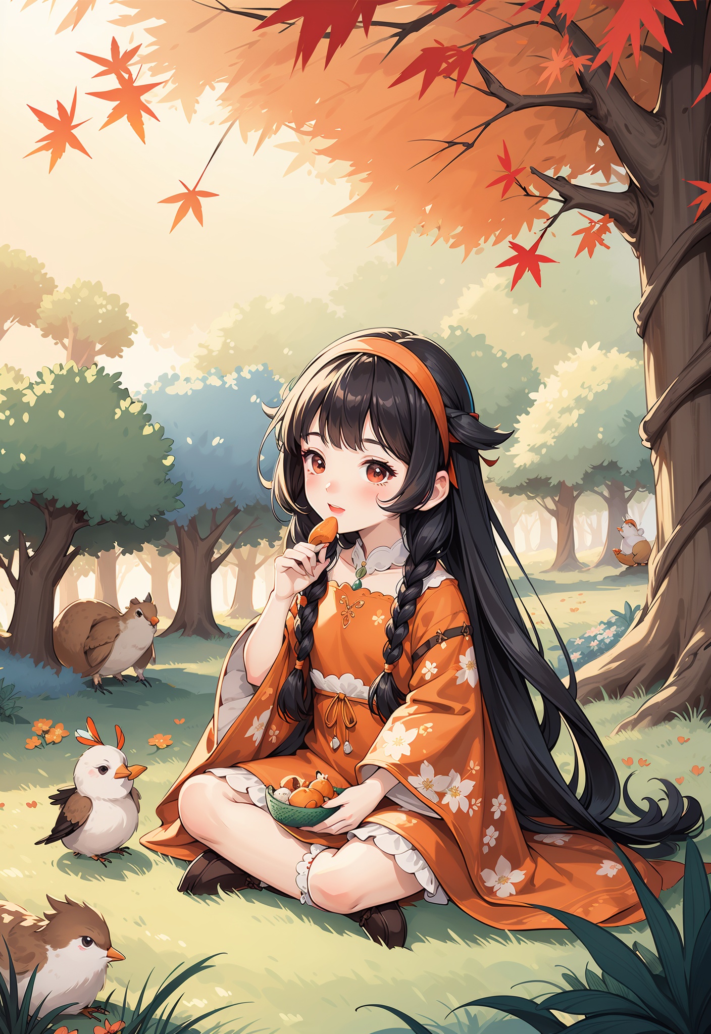 forest scene, young girl with headband, feeding birds, woodland animals, anthropomorphic creatures, autumn trees, dappled sunlight, whimsical, peaceful, child-friendly, sitting pose, girl interacting with nature, colorful foliage, pink and orange tones, floral patterns