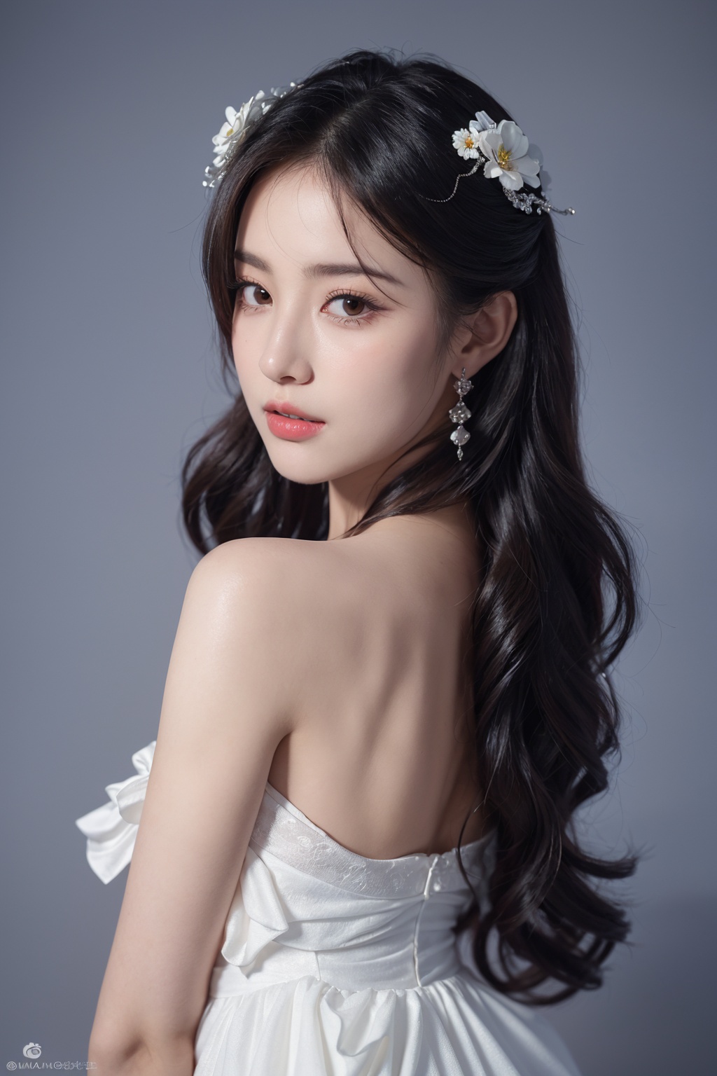 1girl, solo,(front view:1.2),(looking_at_viewer:1.4),(eye-contact:1.4),,black hair, long hair, jewelry, realistic, earrings, hair ornament, black eyes, lips, collarbone, parted lips, flower, watermark, upper body, portrait, hair flower, dress, web address,  <lora:YG红颜阁美女19:0.85>,