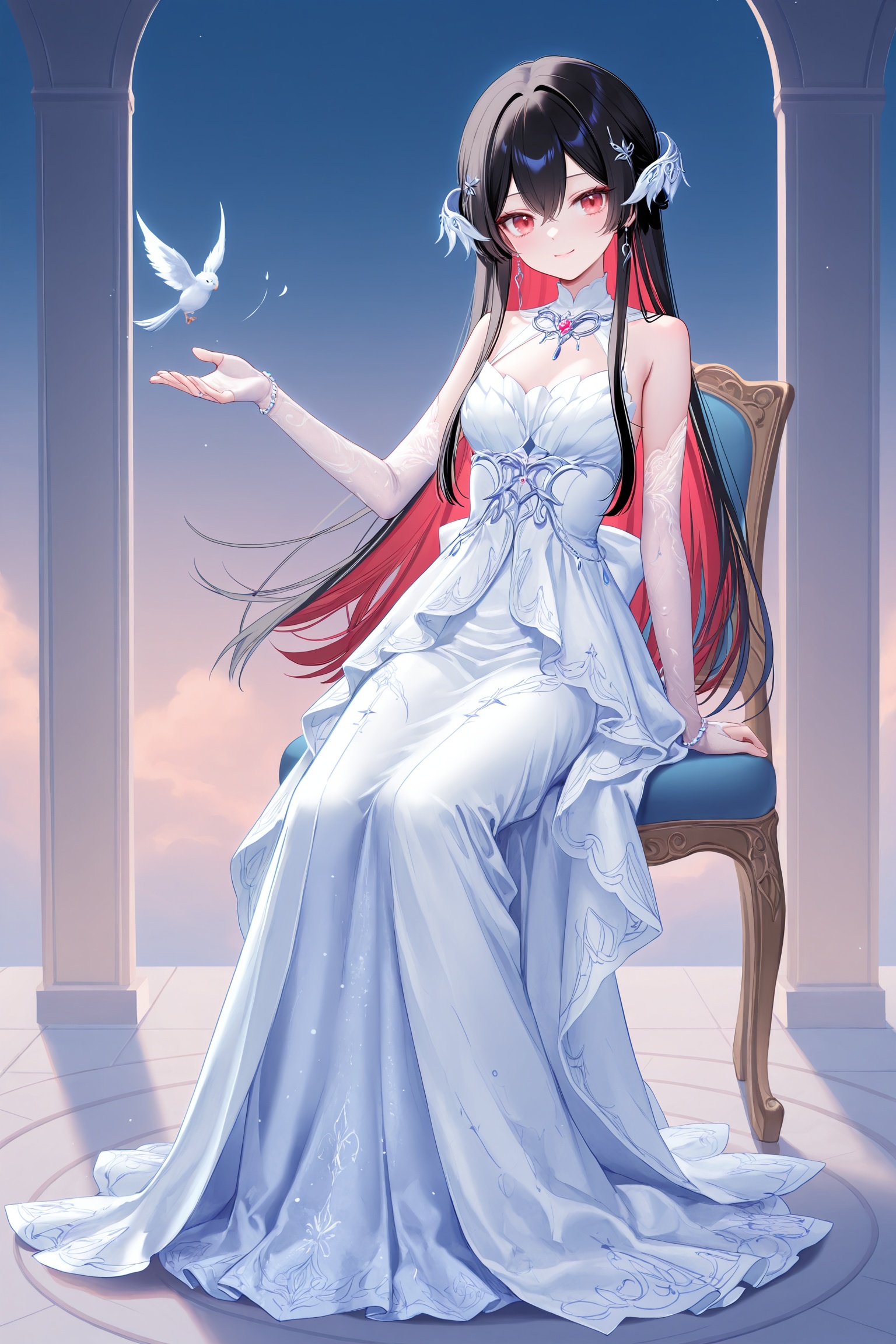 masterpiece,best quality,newest,absurdres,highres,soft shadows,year2024,(chen bin:0.7),(hiten \(hitenkei\):0.4),(rimuu:0.5),(mignon:0.5),(sheya:0.6),<lora:ren(witch)XLNAI:1>,ren(def),1girl,long hair,black hair,multicolored hair,red eyes,hair between eyes,red hair,colored inner hair,smile,<lora:nightowlXLNAI:1>,nightowl,white dress,long dress,jewelry,hair ornament,elboww gloves,standing,full body,arm at side,outstretched hand,outdoors,pillar,sitting on chair,sky