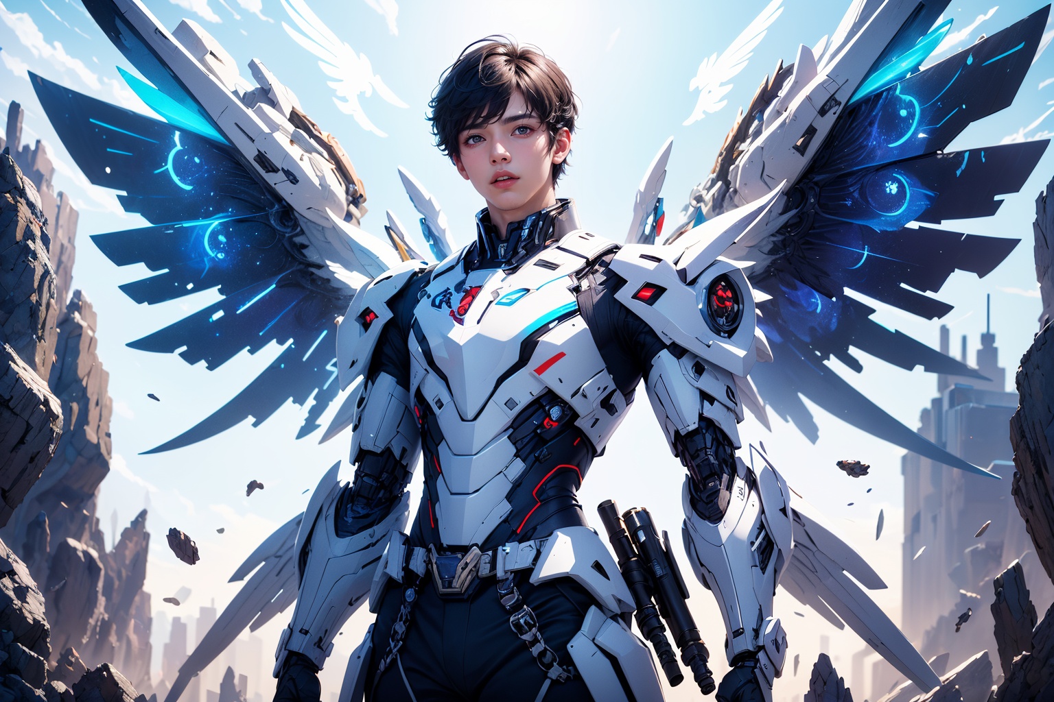 1boy,concept artwork,black hair,(a lonely solo boy:1.4),sky,wing,wings with fans,graphics card fan,strong male mecha warrior,mighty and domineering,cool mecha,32k,blue and white color scheme,white armor,white_background,standing,cowboy_shot,<lora:ASuo_v1:1>,