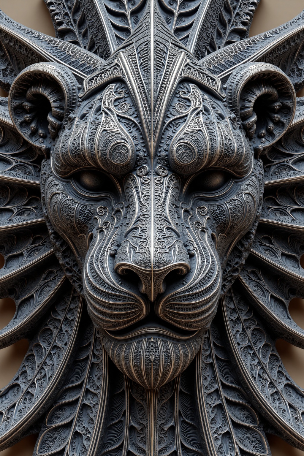 beijihui,a close-up view of a black sculpture of a lion's face,adorned with intricate carvings. The sculpture is set against a beige wall,its face adorned with a diamond pattern,adding a touch of sparkle to the composition. The lion's eyes,a nose,and a mouth are adorned with white lines,adding depth to the overall composition.,