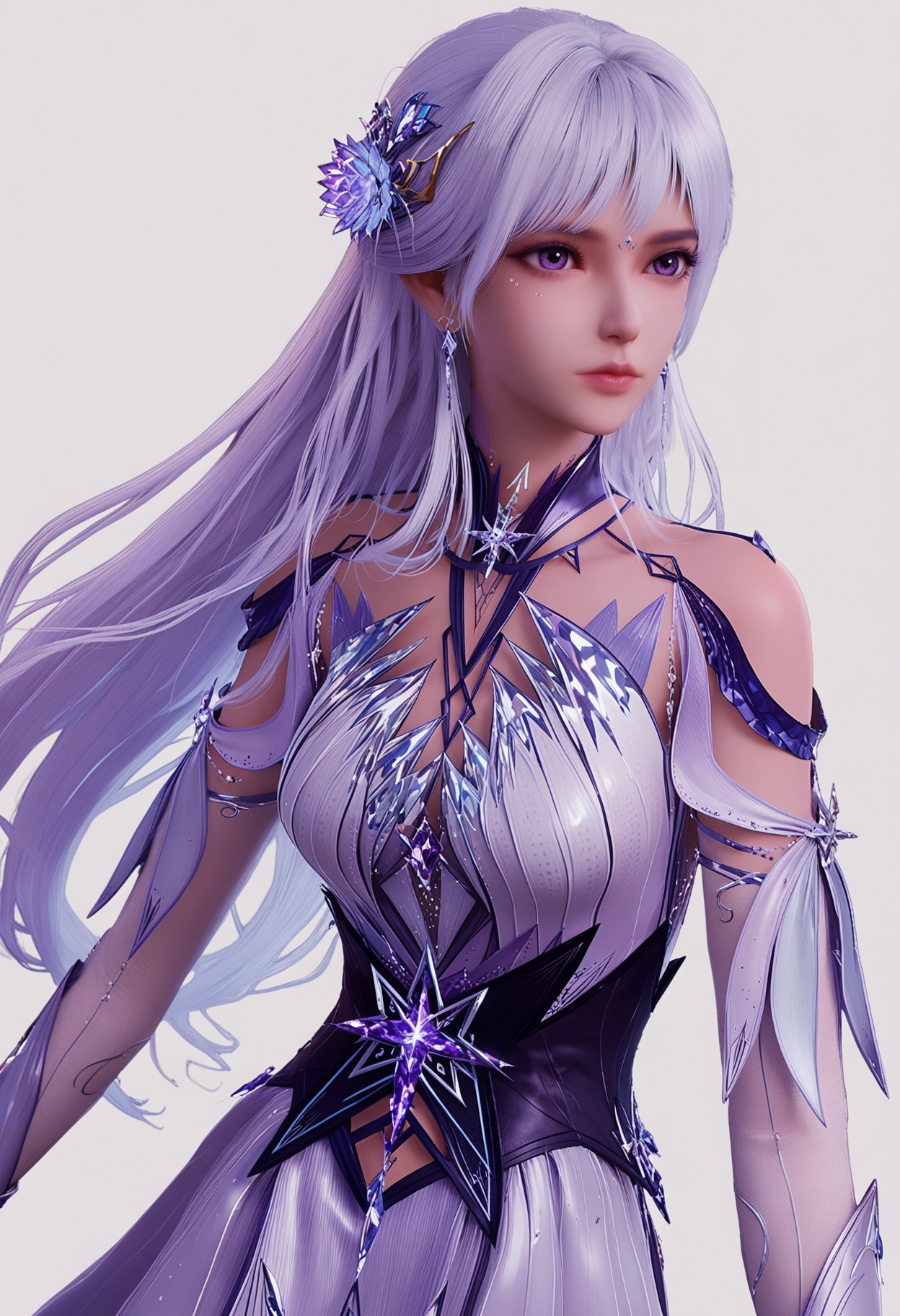 score_9,high detail,best quality,shiny skin,shiny,shengcaiersjcf,1girl,solo,purple eyes,white hair,long hair,white background,hair ornament,jewelry,earrings,realistic,simple background,closed mouth,dress,bare shoulders,hair flower,white dress,lips,breasts,thighs,looking at viewer,<lora:QQSponyshengcaiersjcfV1:0.8>,<lora:Pony_DetailV2.0:0.8>,<lora:皮肤凹痕:0.1>,