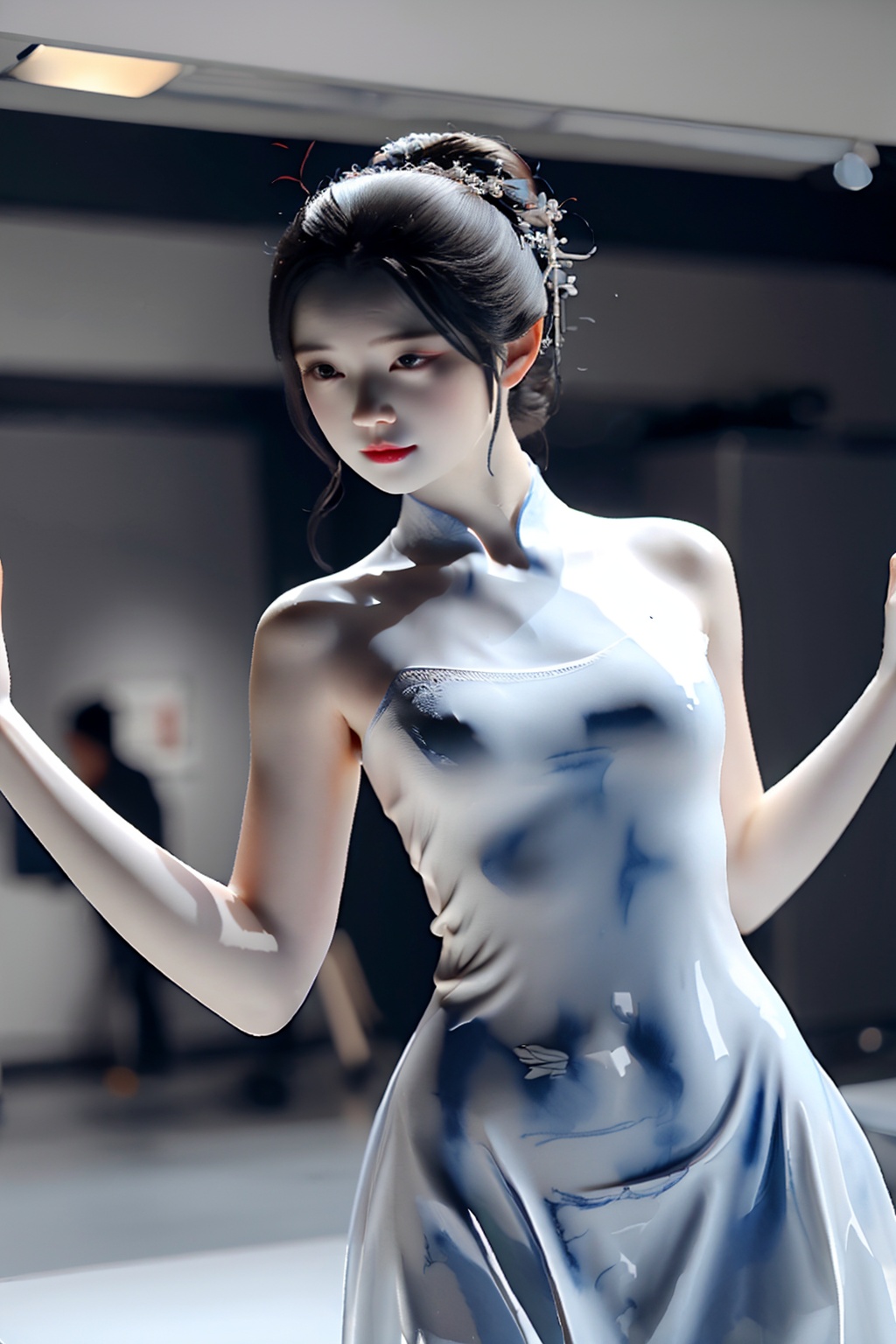 shouban,<lora:手办_v1.0:0.8>,1girl,solo,modern dancers,tight fitting clothing,dynamic jump,abstract light and shadow interweaving,minimalist stage,night,spotlight follow action,black, white, and gray main tone,geometry background,the rhythm of music in the air,the flowing beauty of modern art,