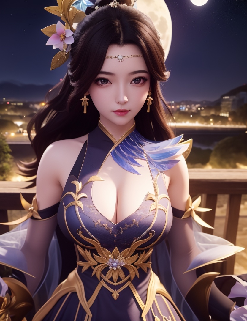 <lora:514-DA-万古狂帝-柳妃:0.8>(,1girl, ,best quality, ),looking at viewer,  ,ultra detailed background,ultra detailed background,ultra realistic 8k cg,, ,masterpiece, (( , )),, ,   ,   cure blossom, full moon,night,night sky,  (cleavage), (), ,,