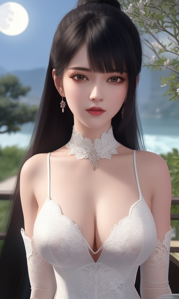 (,1girl, ,best quality, ),looking at viewer, <lora:418-DA-百炼成神-莫雨馨:0.8> ,ultra detailed background,ultra detailed background,ultra realistic 8k cg, ,masterpiece, (( , )),, ,fiction,mole,,      ,(cleavage), (),  ,see-through, lace, (((, solo, moon, , bare_tree, )))(cleavage), 1girl, , , depth_of_field, solo, , ,