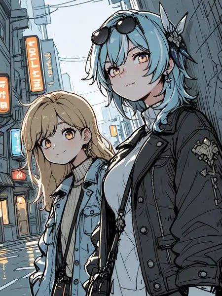 (masterpiece), (best quality), ultra-detailed, cinematic lighting, upper body, 2girls together, modern urban sketch style, street fashion, city mood, dynamic duo pose,(Eula and Amber from Genshin Impact), 2girls leaning side by side against a graffiti-covered wall, casual and stylish, relaxed urban vibe, natural chemistry,Eula:bored expression, sunglasses on head, loose turtleneck sweater, windswept hair,Amber:cheerful smile, short jacket over t-shirt, casual jewelry, crossbody bag, earrings,(dynamic angle), candid street shot, asymmetrical framing, reflective puddles below, (rain-damp street texture:0.8), light lens flare, (film grain:0.6), soft ambient breeze moving their hair,urban grunge background, colored neon light leaks, sketch texture, ink shading lines, (low saturation palette:0.5), moody overcast sky, soft directional light hitting one side of their faces, quiet melancholy energy, subtle motion blur, natural body posture, moment of calm in a busy street,lazypos