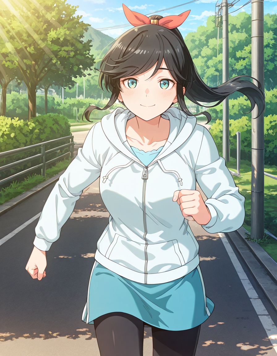 masterpiece, best quality, amazing quality, detailed background,1girl, looking at viewer, park, morning sunlight, light breeze, blazer fluttering, gentle expression, quiet suburban neighborhood, everyday routine, blue eyes, utility pole, running, smile, river,<lora:wakana_kinme-kinishite_s1-v3-ixl-anime-soralz:1>, wakana kinme (kinishite), long hair, black hair, green eyes, sidelocks, high ponytail, red hair ribbon, swept bangs, low drills,white track jacket, hooded jacket, blue shirt, drawstring, zipper, long sleeves, blue miniskirt, black leggings, <lora:StS-Illustrious-Detail-Slider-v1.0:3>, <lora:StS_Age_Slider_Illustrious_v1_Scaled:1>