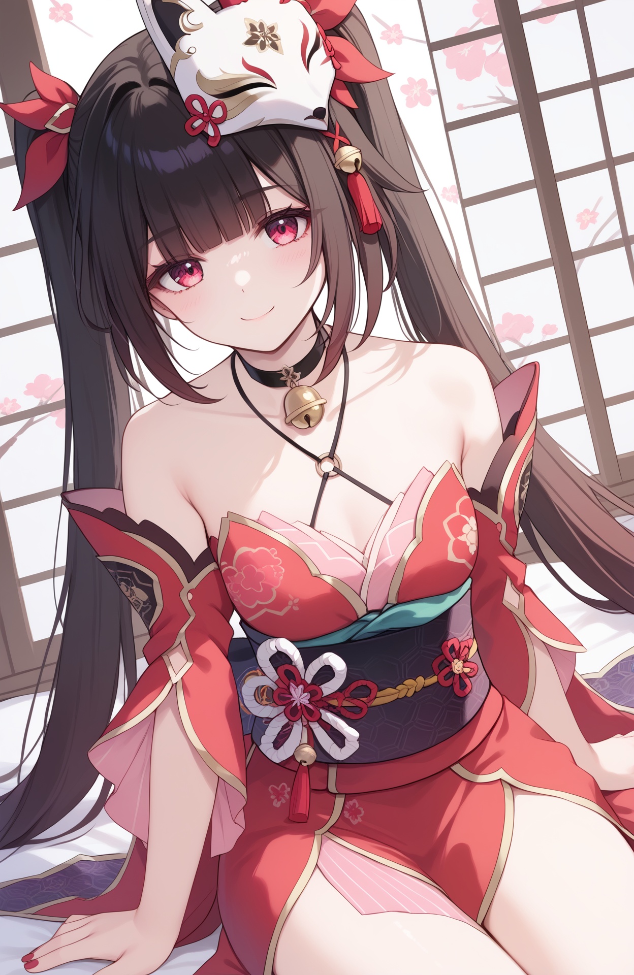 1girl,solo,looking at viewer,a girl named huahuo,huahuo,1girl,twintails,looking at viewer,fox mask,bare shoulders,mask on head,black choker,detached sleeves,obi,jingle bell,black sash,black gloves,neck bell,criss-cross halter,red nails,red dress,<lora:花火ponysnr:1>,indoors,wariza,, (score_9,score_8_up,score_7_up),(masterpiece,best quality,high quality:1.2),absurdres,