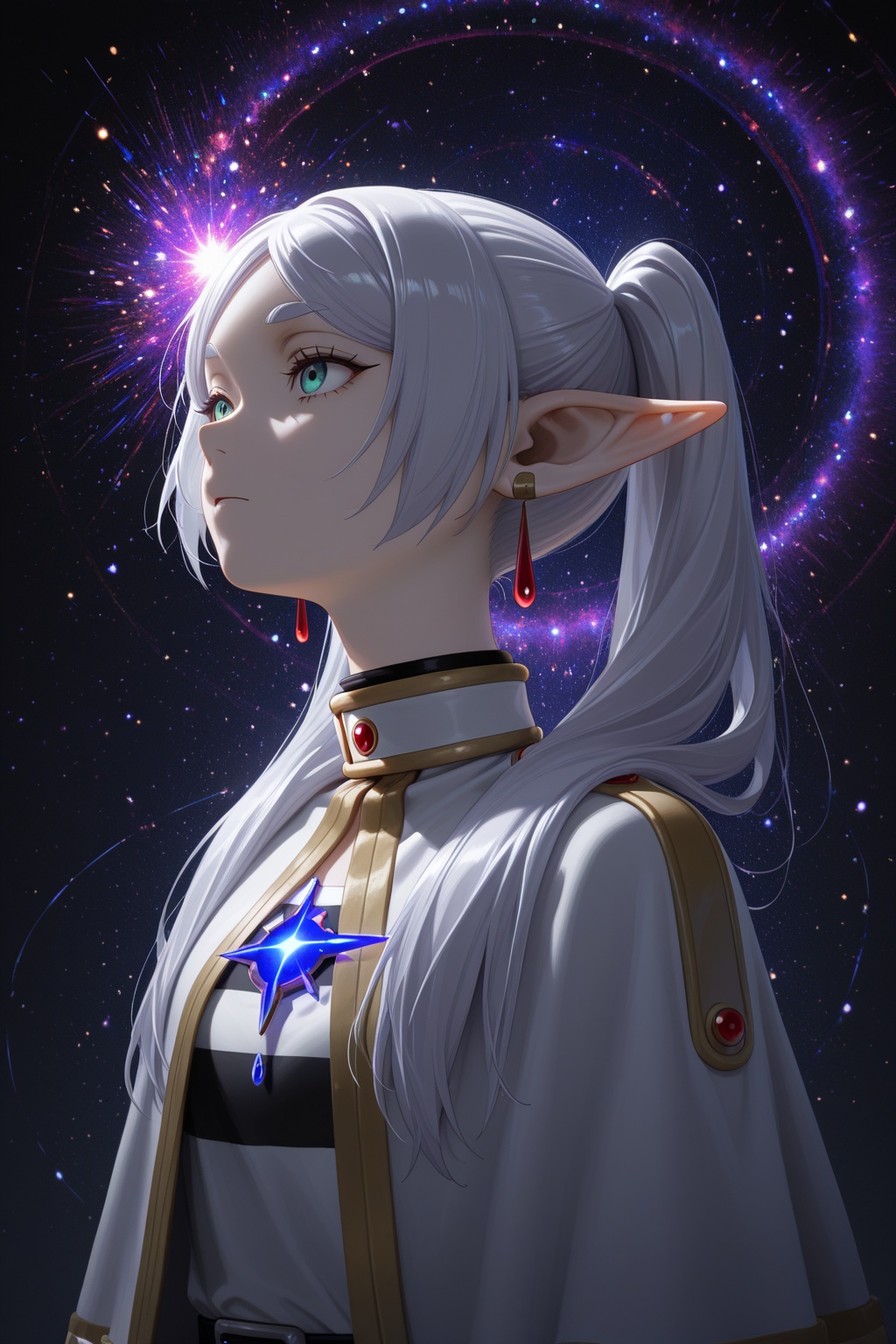masterpiece,best quality,amazing quality,very aesthetic,absurdres,newest,highres,frieren,masterpiece, best quality, good quality,abstract, neon, upper body, looking afar, celestial aura, dark, particles, fractal