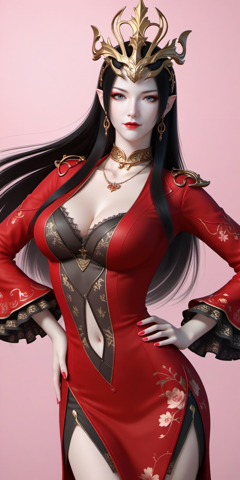 score_9,score_8_up,score_7_up,source_anime,Close-up details,realistic style photo young woman,red eyeshadow,eyeliner,mature_female,red lipstick,makeup,long hair,black hair,earrings,pointy ears,grey eyes,crown,<lora:美杜莎女王0.0741:0.7>,meidusha,meidusha,1girl,solo,jewelry,pointy ears,dress,black hair,red dress,long hair,earrings,breasts,clothing cutout,navel,blue eyes,red nails,hand on own hip,hair ornament,looking at viewer,navel cutout,necklace,cleavage,closed mouth,long sleeves,side slit,frilled sleeves,51,whirls of vapor,iridescent textures,(Anime:1.1),soft neon light,ethereal ambiance,delicate details,magical atmosphere,concept art,highly detailed,ultra-high resolution,32K UHD,sharp focus,best-quality,masterpiece,golden hour,unconventional supreme masterpiece,masterful details,temperate atmosphere,with a high-end texture,in the style of fashion photography,cover,Dynamic Angle,Dynamic posture,cover,Dynamic Angle,Dynamic posture,Printed cheongsam,A shot with tension,(Visual impact,giving the poster a dynamic and visually striking appearance:1.2),impactful picture,(masterpiece, best quality:1.2),offcial art,colorful,splash of color,movie perspective,advertising style,slender face,