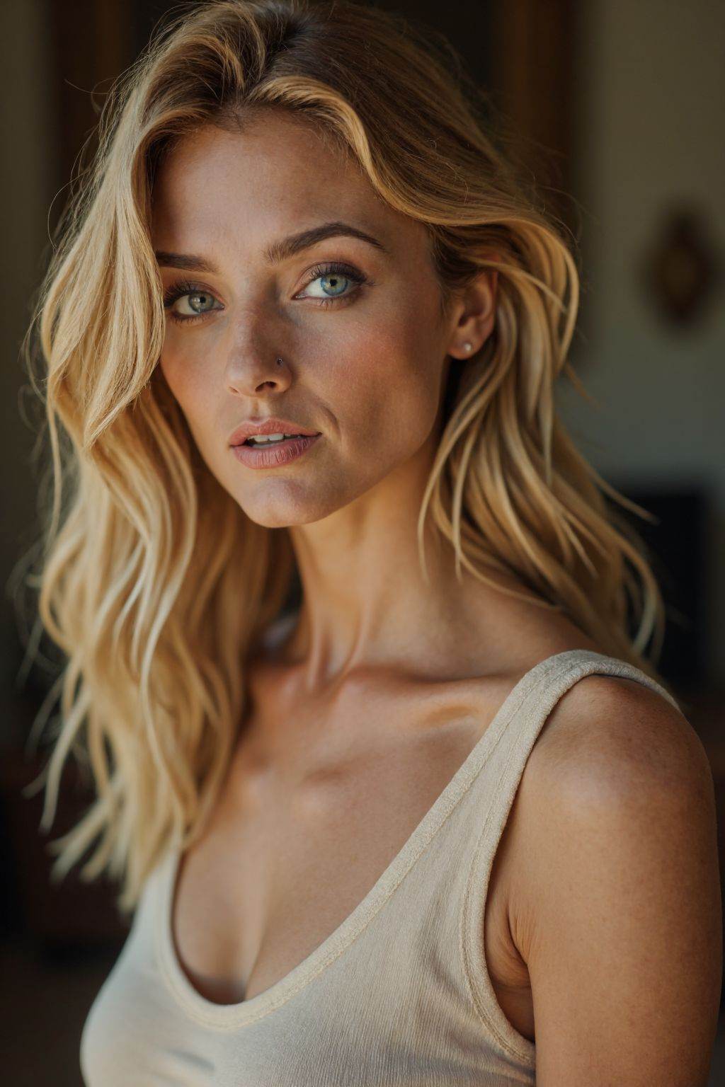 HDR photo of cinematic film still,This is a beautiful photograph of a woman,blonde hair cascading over her shoulders. She is wearing a boatneck dress, Looking at the viewer, closed mouth,