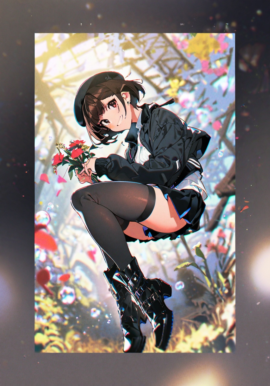 masterpiece, best quality, <lora:yoneyama-a31-000020:1>,yoneyama mai,1girl, solo, hat, flower, black footwear, jacket, looking at viewer, bubble, short hair, beret, black hair, boots, pantyhose, skirt, long sleeves, shirt, brown eyes, black jacket, happy birthday, black skirt, black headwear, full body, bangs, dated, english text, virtual youtuber, closed mouth, brown hair, white shirt, holding, legs up, chromatic aberration, smile, thighhighs, character name, open jacket, holding flower