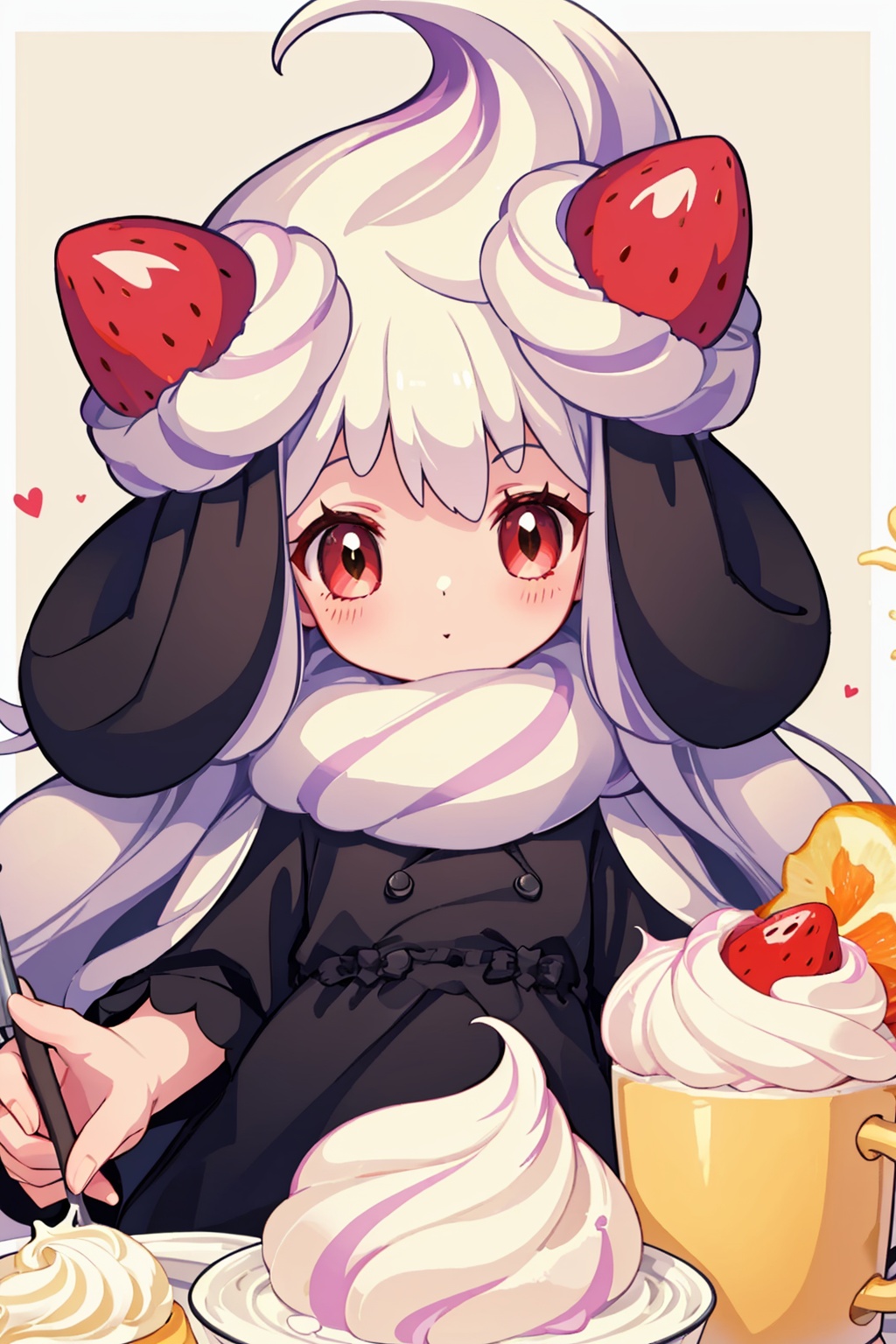 masterpiece,best quality, highly detailed, alcremie, strawberry, pokemon (creature), holding, whisk, solo, no humans, looking at viewer, white border, cream,<lora:alcremie:1>